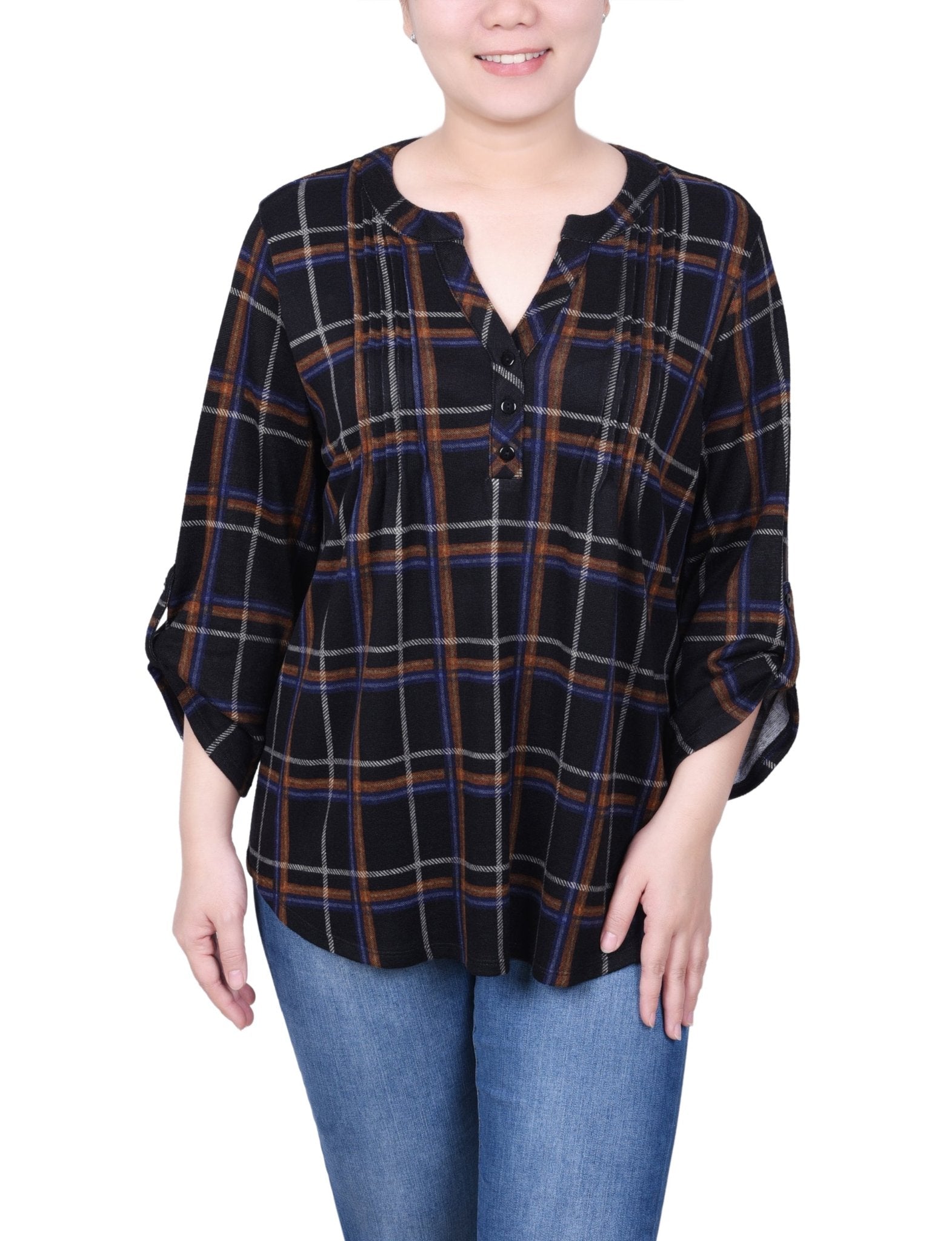 NY Collection 3/4 Roll Sleeve Top - Petite - DressbarnShirts & Blouses