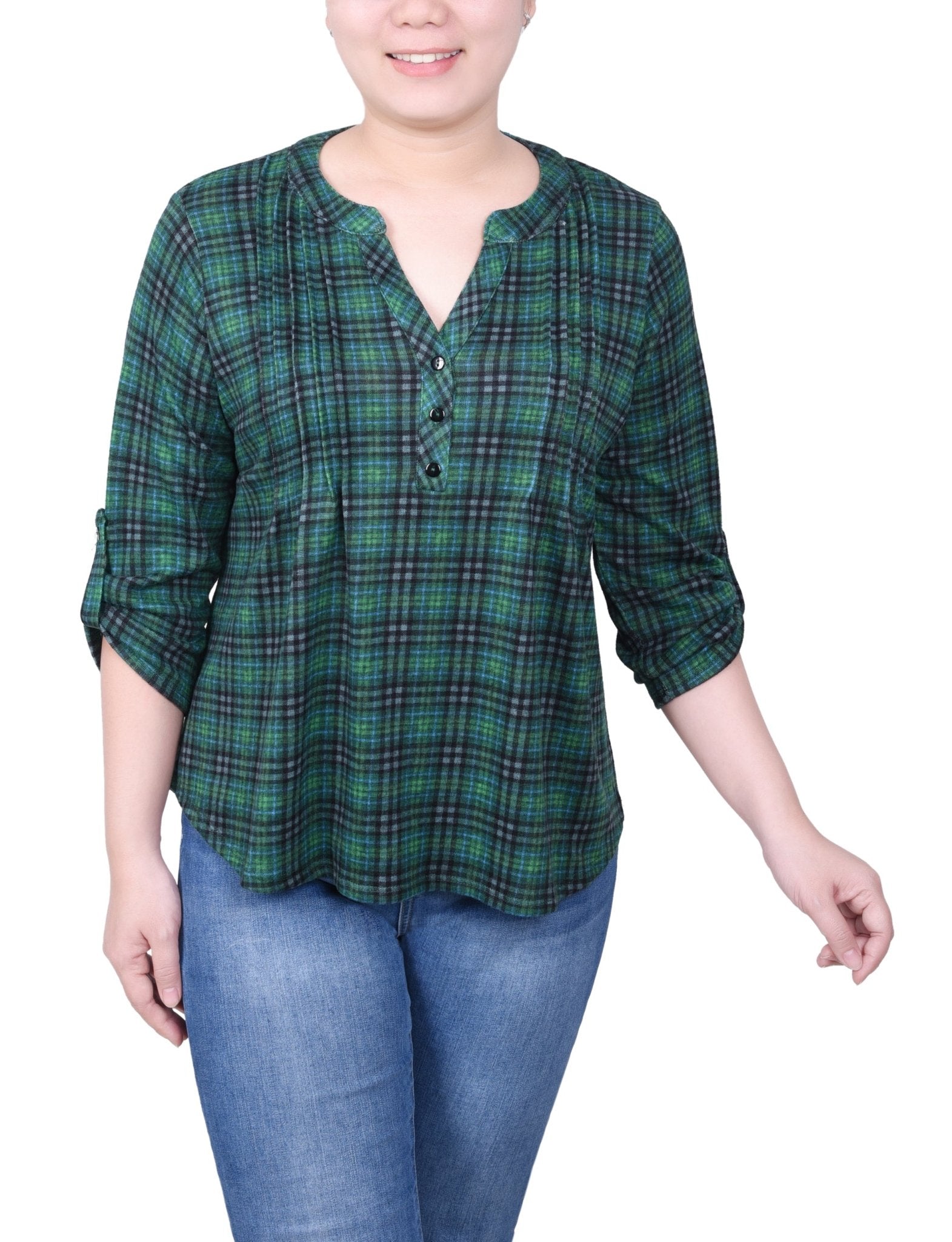 NY Collection 3/4 Roll Sleeve Top - Petite - DressbarnShirts & Blouses