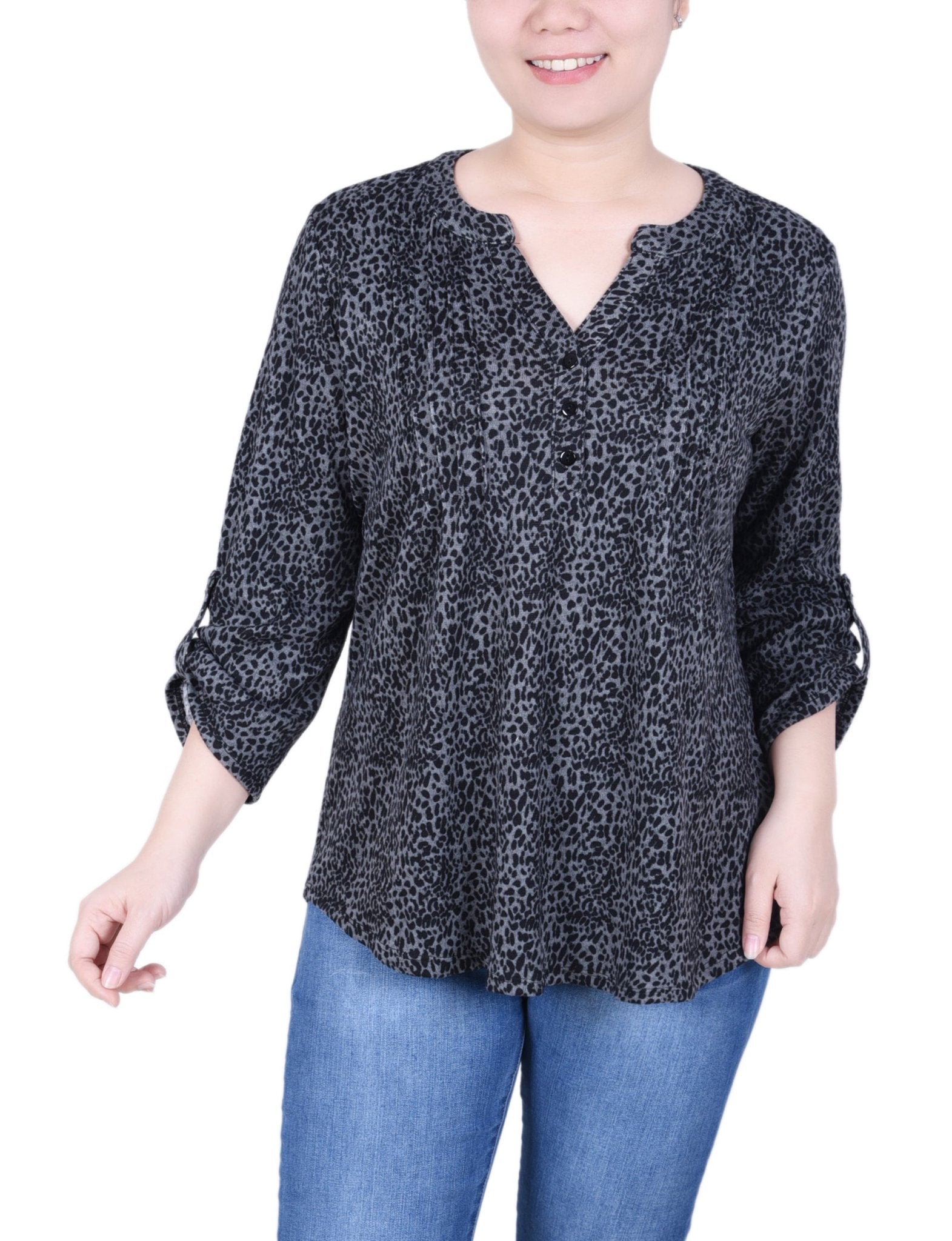 NY Collection 3/4 Roll Sleeve Top - Petite - DressbarnShirts & Blouses