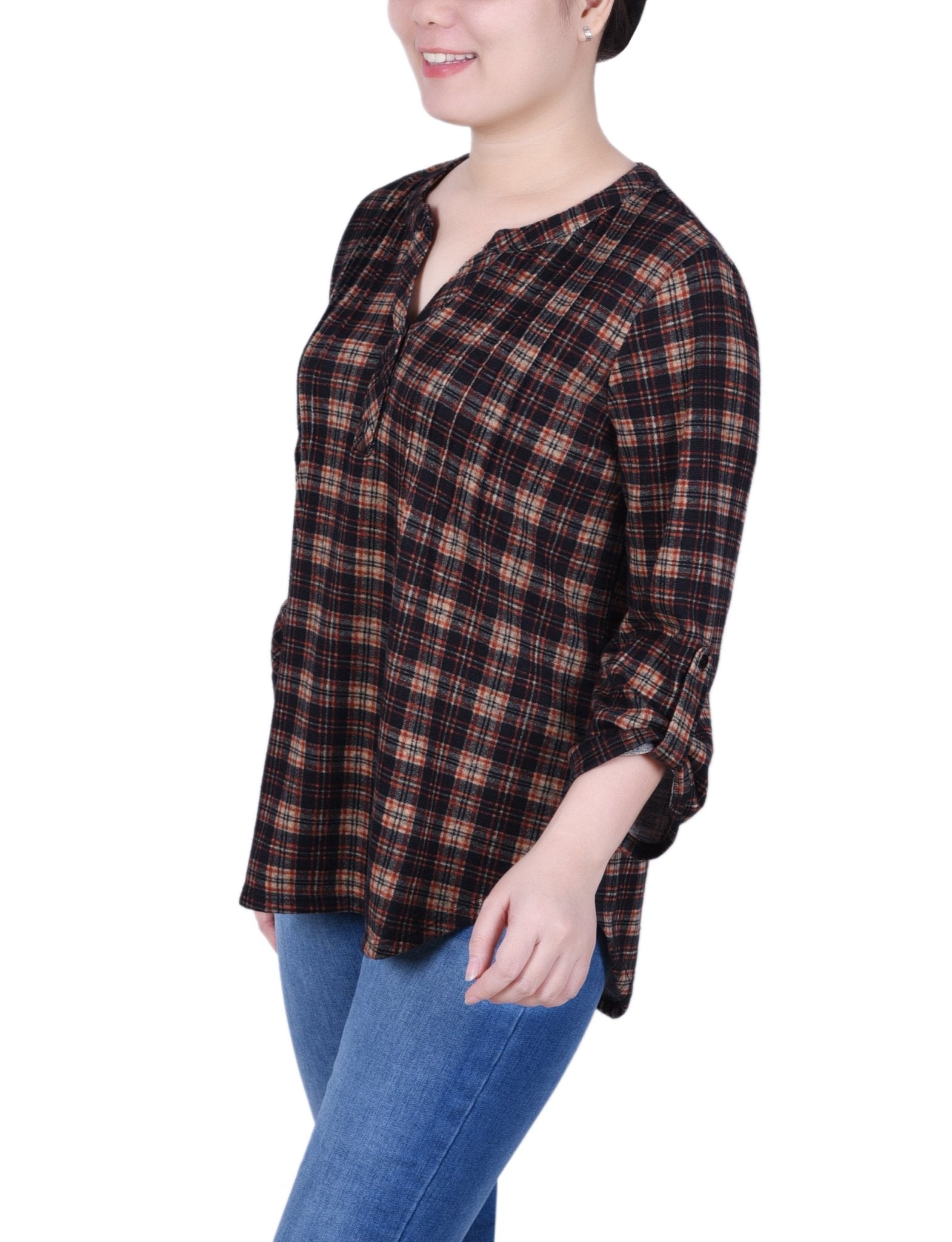 NY Collection 3/4 Roll Sleeve Top - Petite - DressbarnShirts & Blouses