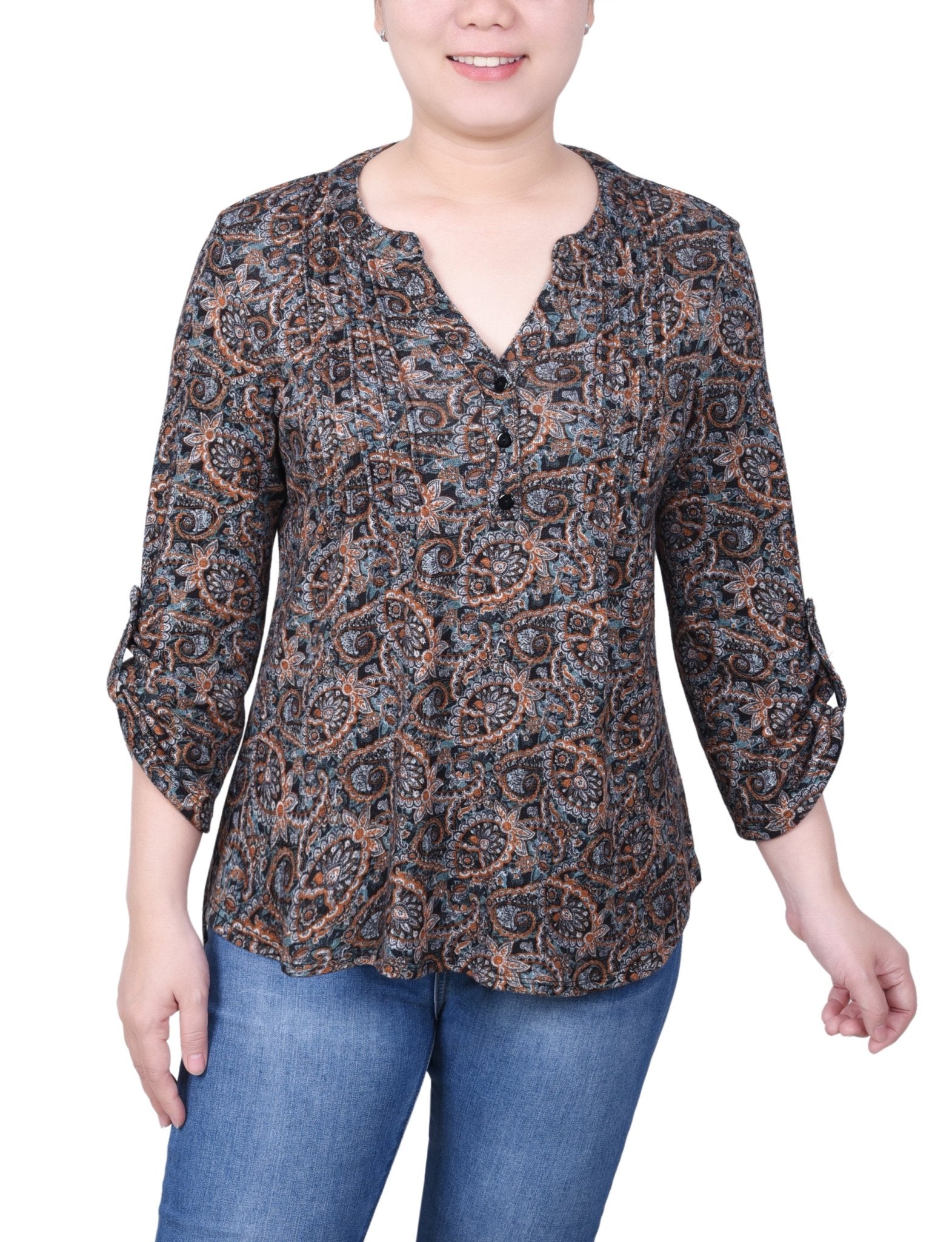 NY Collection 3/4 Roll Sleeve Top - Petite - DressbarnShirts & Blouses