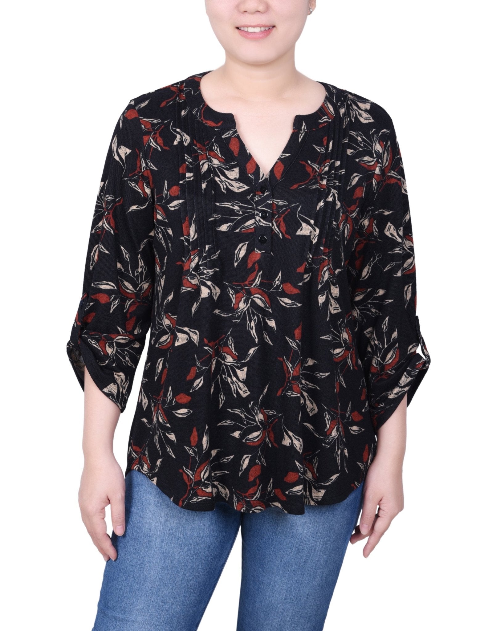 NY Collection 3/4 Roll Sleeve Top - Petite - DressbarnShirts & Blouses