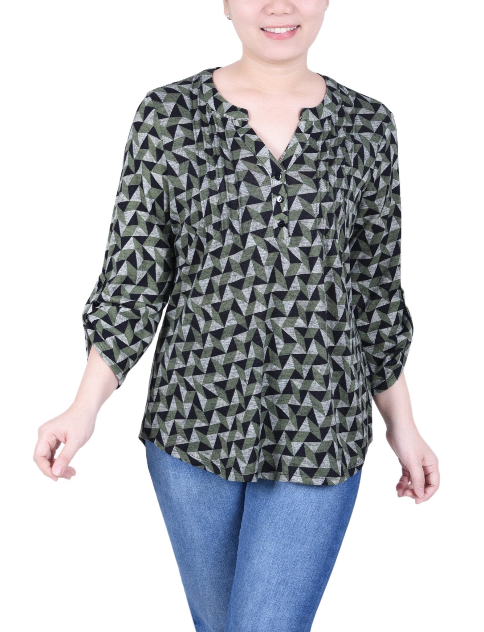NY Collection 3/4 Roll Sleeve Top - Petite - DressbarnShirts & Blouses