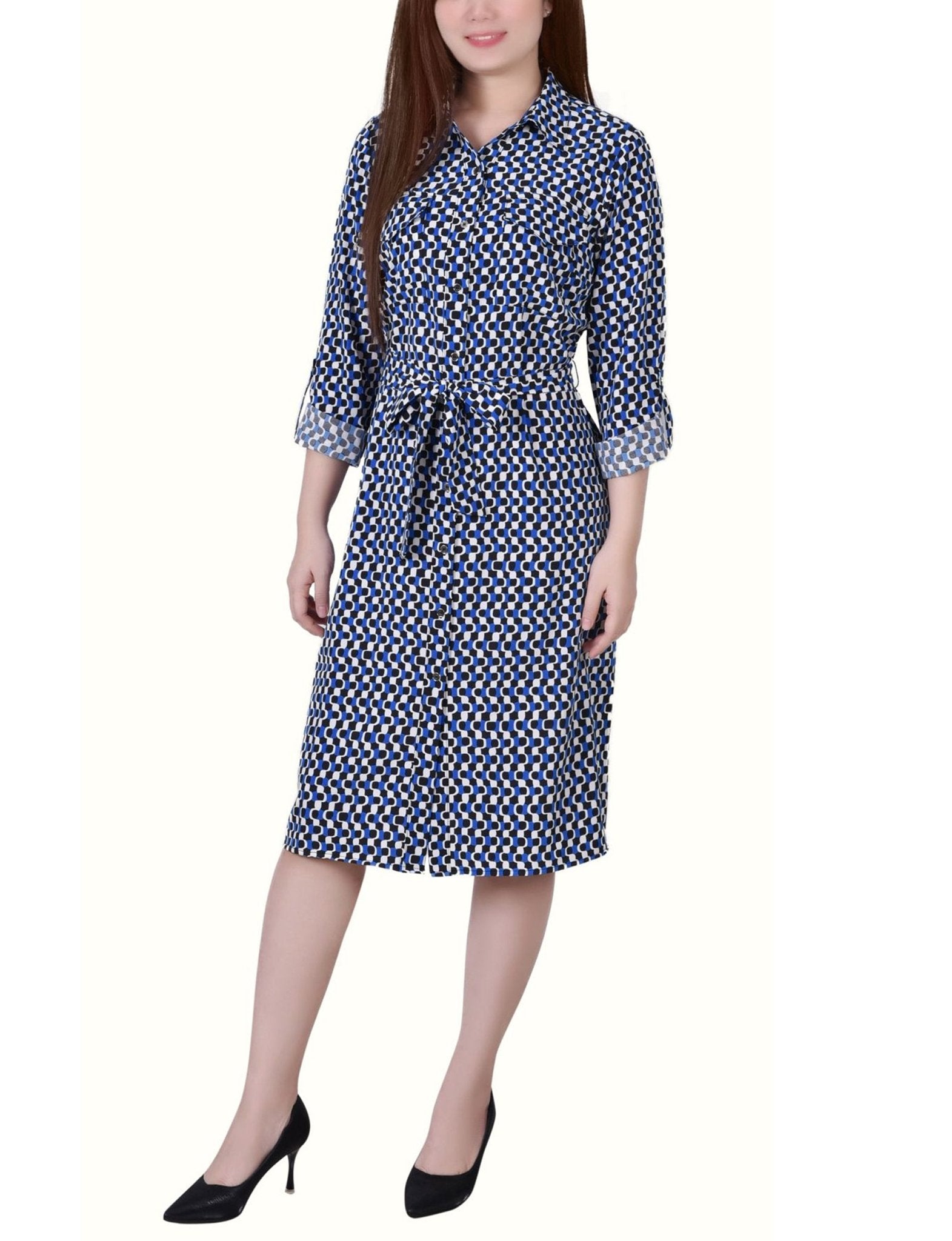 NY Collection 3/4 Roll Tab Sleeve Belted Shirtdress - Petite - DressbarnShirt Dresses