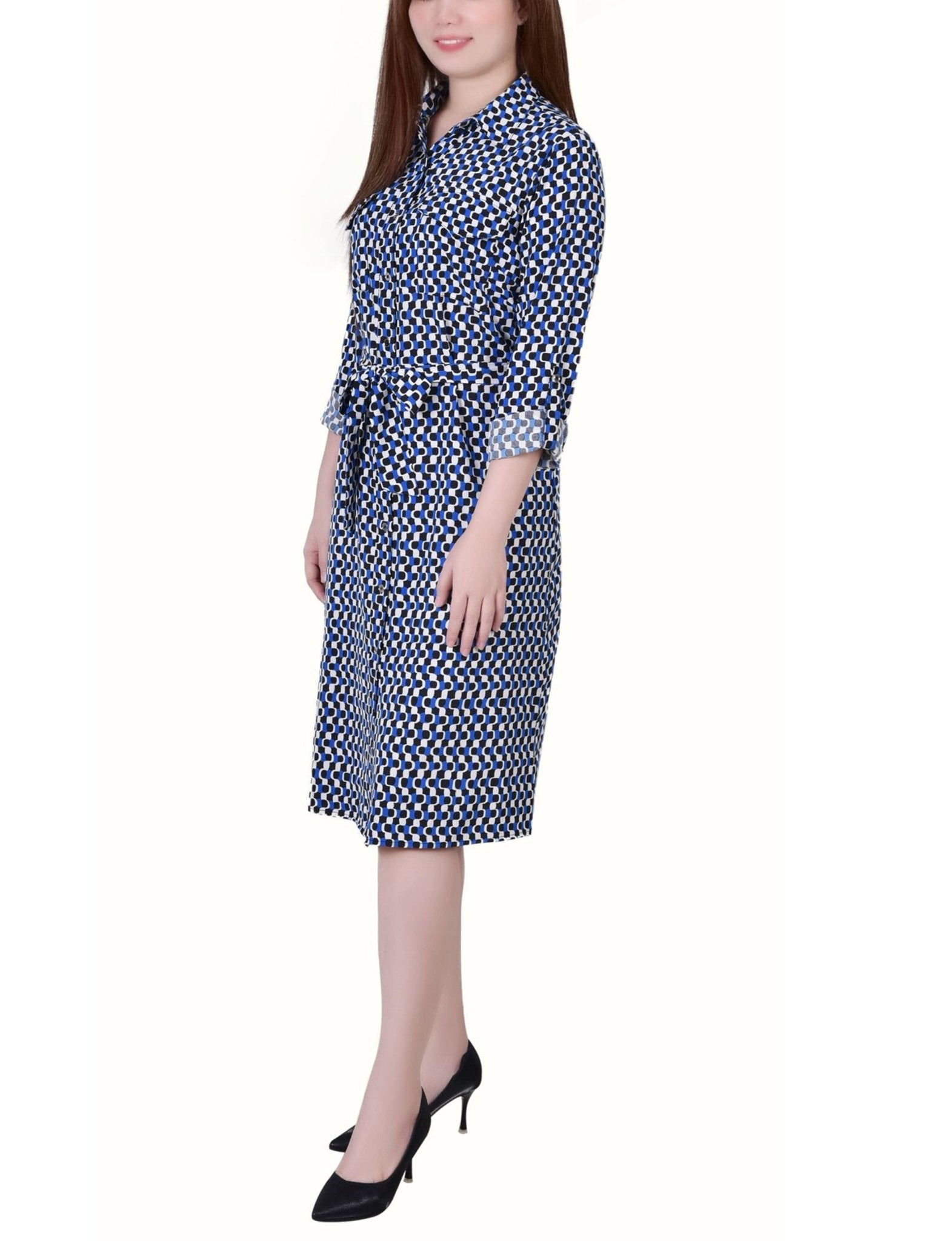 NY Collection 3/4 Roll Tab Sleeve Belted Shirtdress - Petite - DressbarnShirt Dresses
