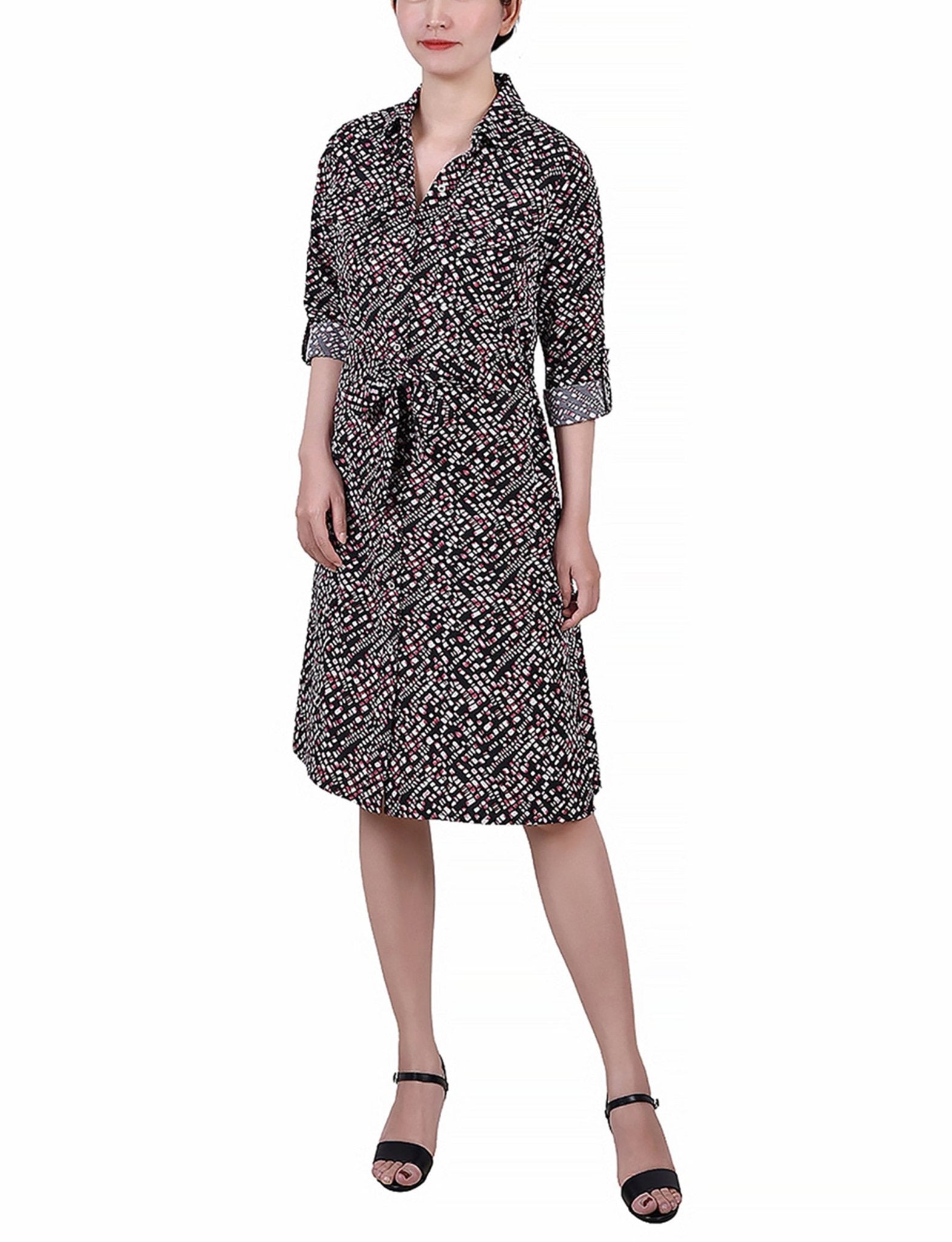 NY Collection 3/4 Roll Tab Sleeve Belted Shirtdress - Petite - DressbarnShirt Dresses