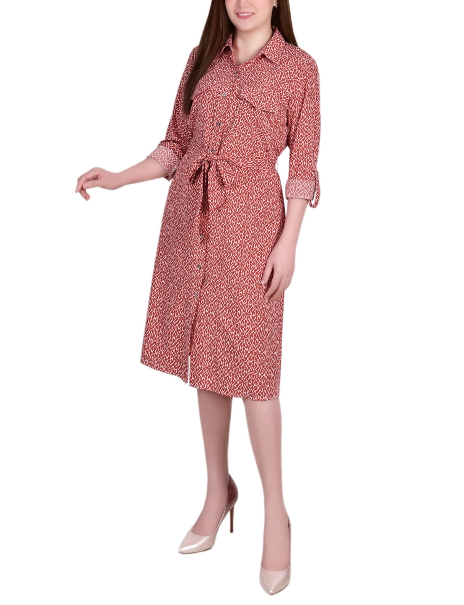 NY Collection 3/4 Roll Tab Sleeve Belted Shirtdress - Petite - DressbarnShirt Dresses
