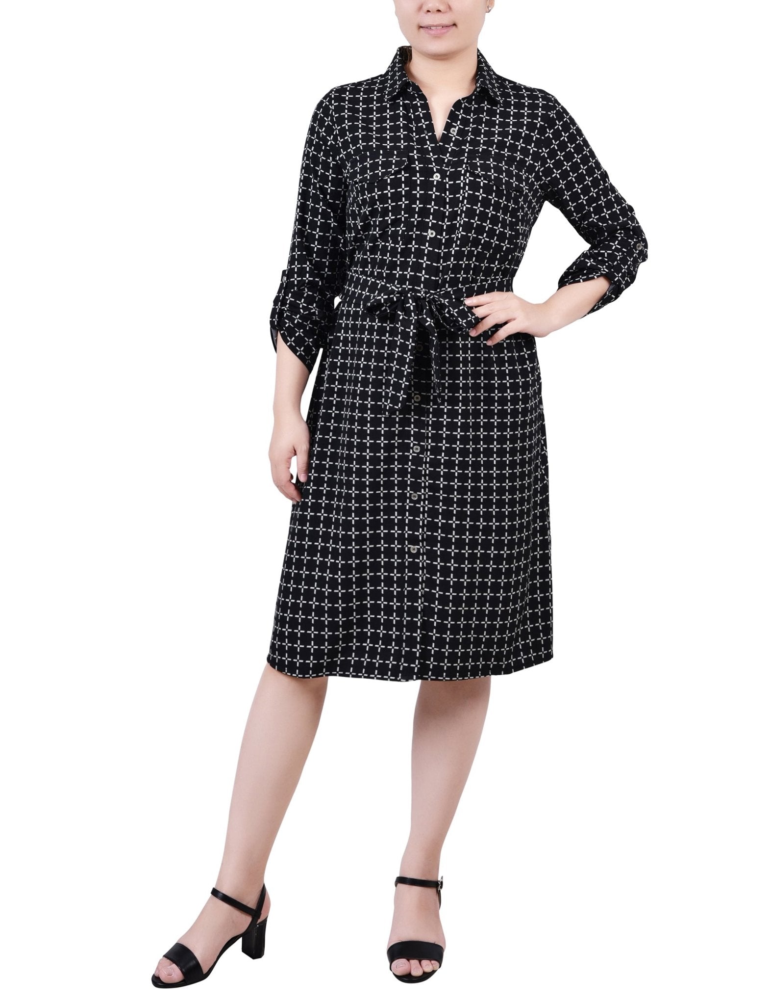 NY Collection 3/4 Roll Tab Sleeve Belted Shirtdress - Petite - DressbarnShirt Dresses