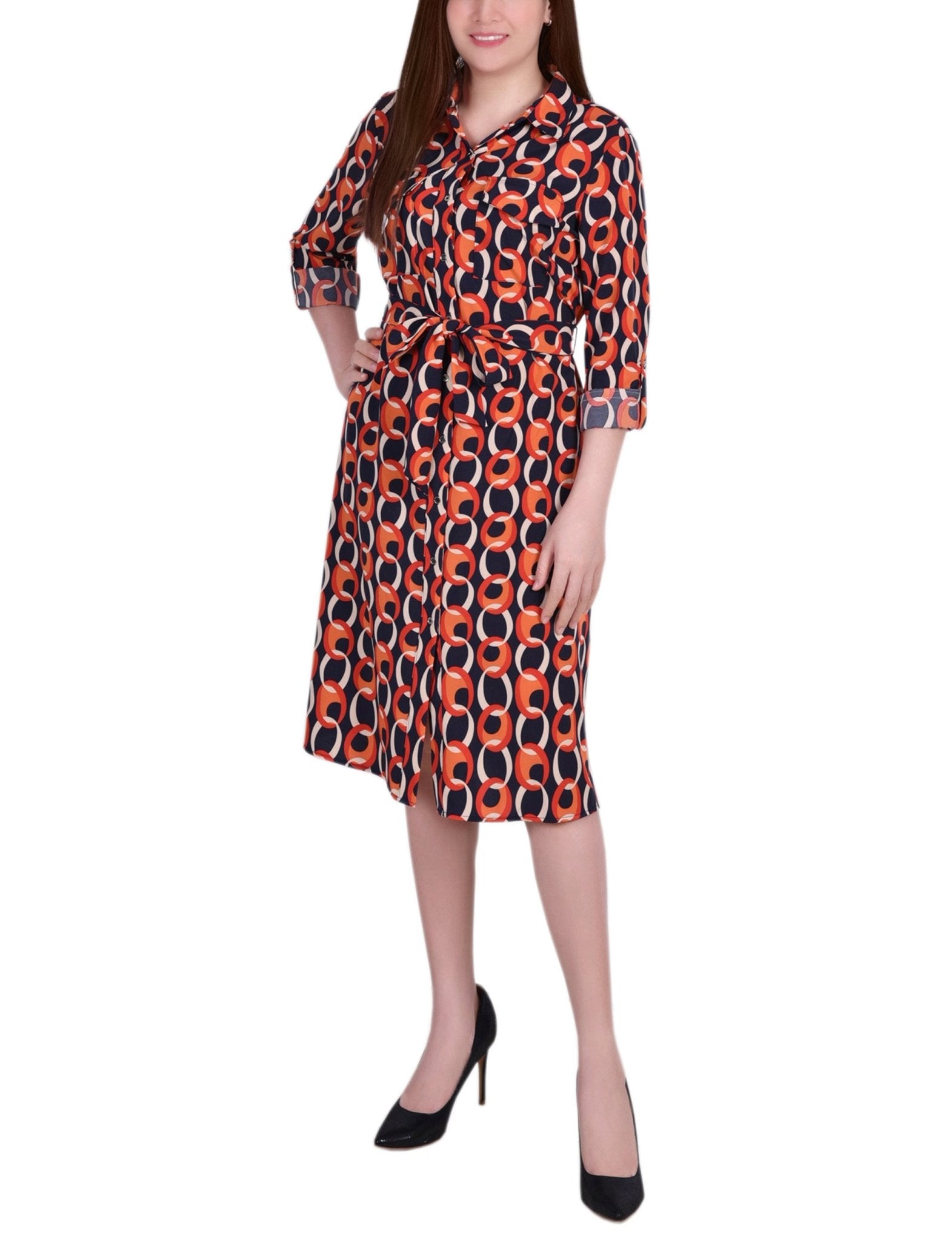 NY Collection 3/4 Roll Tab Sleeve Belted Shirtdress - Petite - DressbarnShirt Dresses