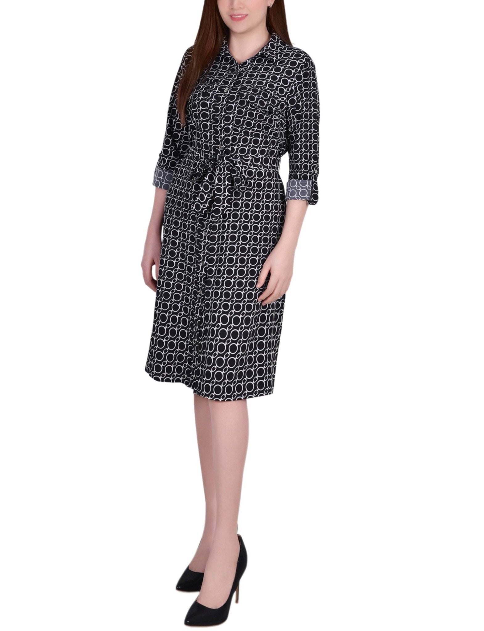 NY Collection 3/4 Roll Tab Sleeve Belted Shirtdress - Petite - DressbarnShirt Dresses