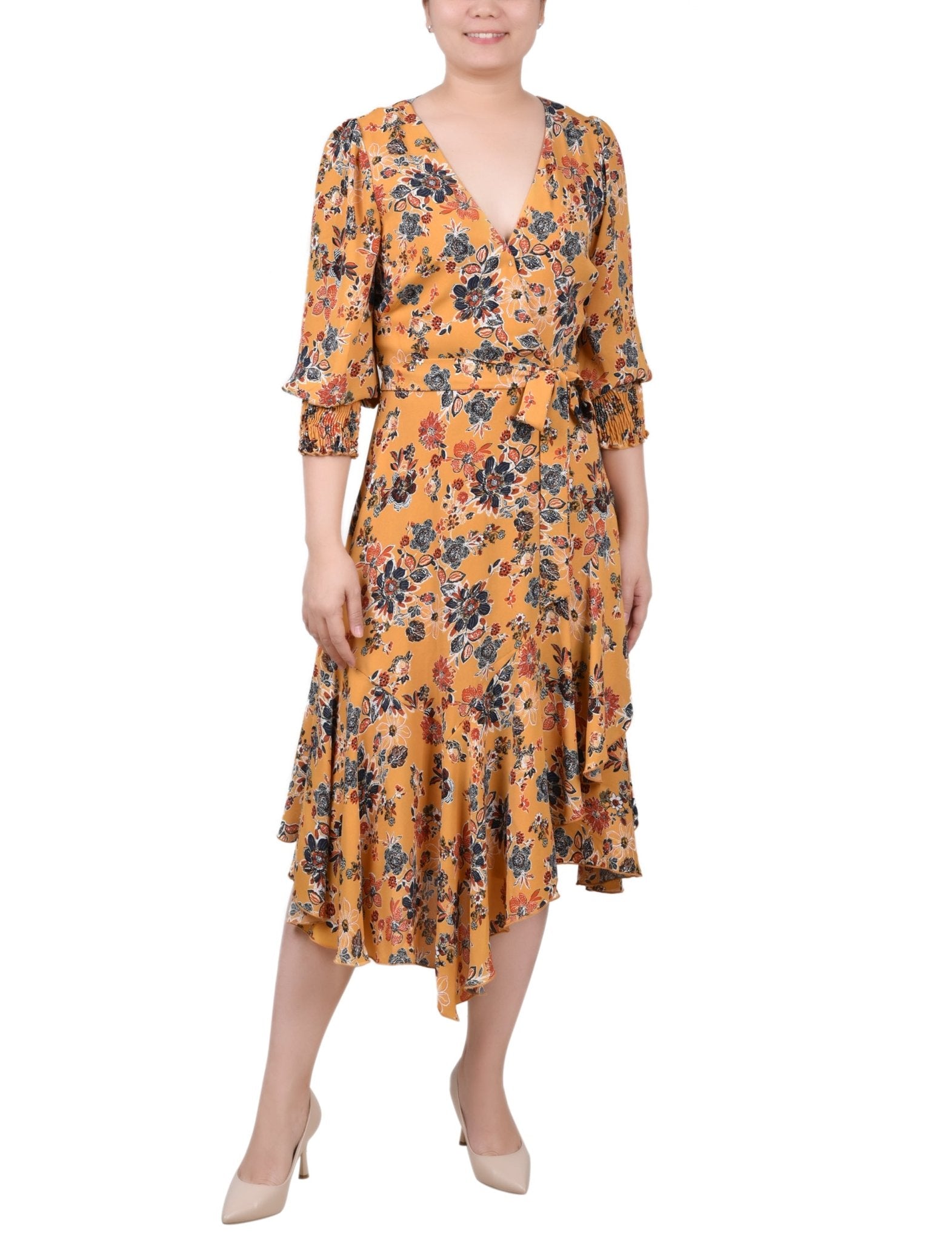 NY Collection 3/4 Sleeve Belted Chiffon Hankerchief Hem Dress - Petite - DressbarnDresses