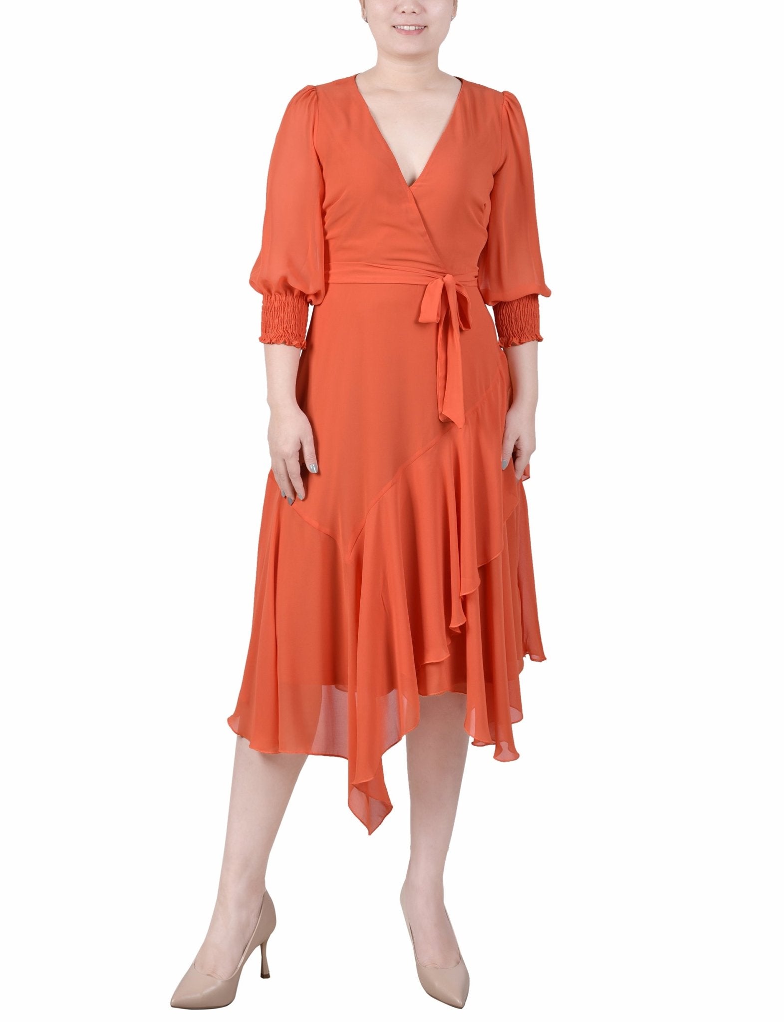 NY Collection 3/4 Sleeve Belted Chiffon Hankerchief Hem Dress - Petite - DressbarnDresses