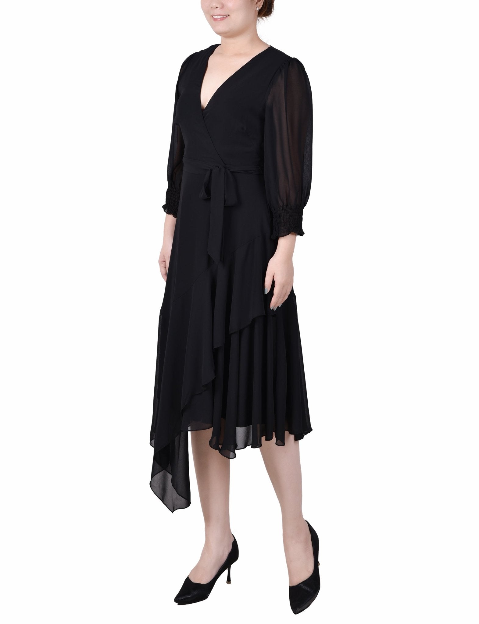 NY Collection 3/4 Sleeve Belted Chiffon Hankerchief Hem Dress - Petite - DressbarnDresses