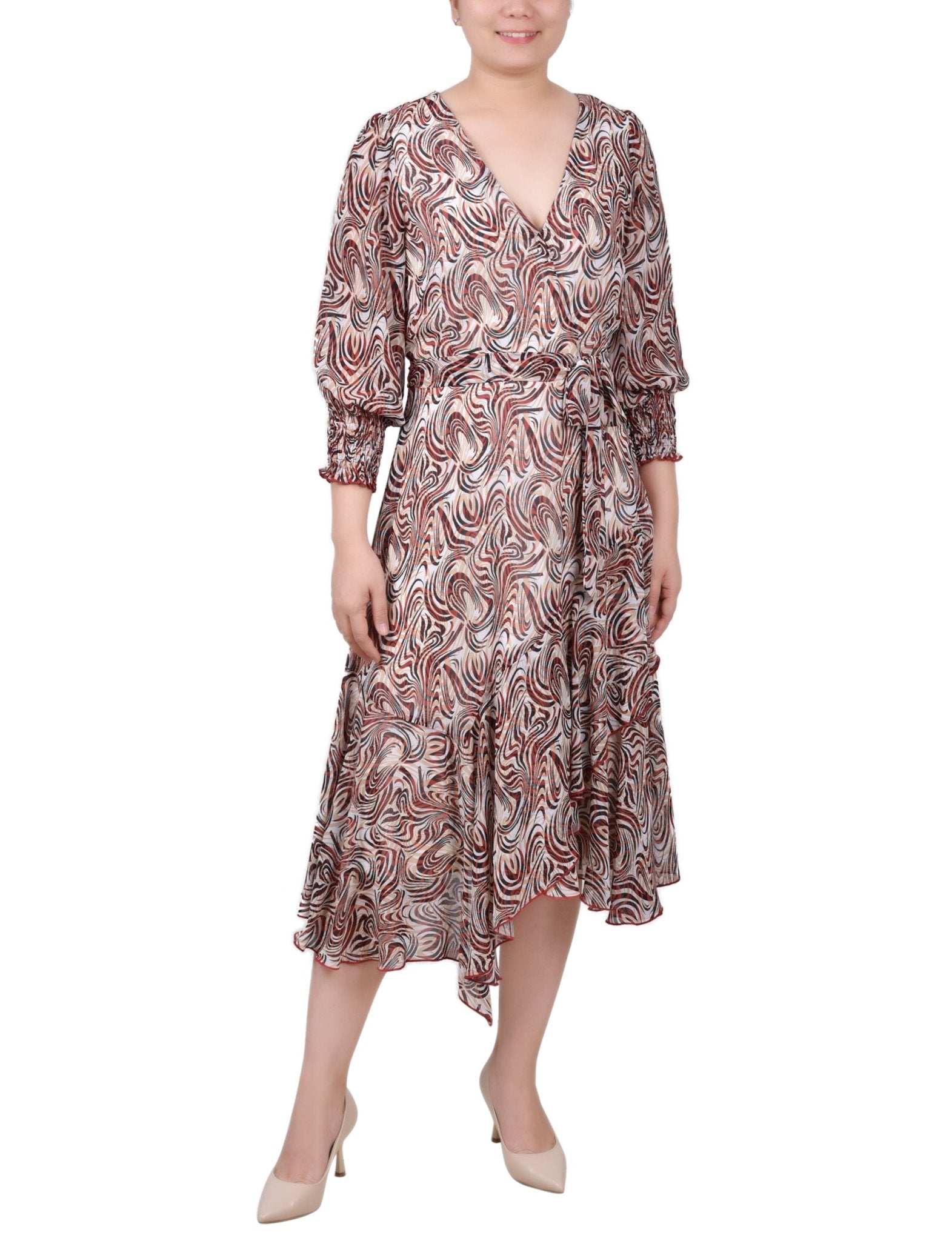 NY Collection 3/4 Sleeve Belted Chiffon Hankerchief Hem Dress - Petite - DressbarnDresses
