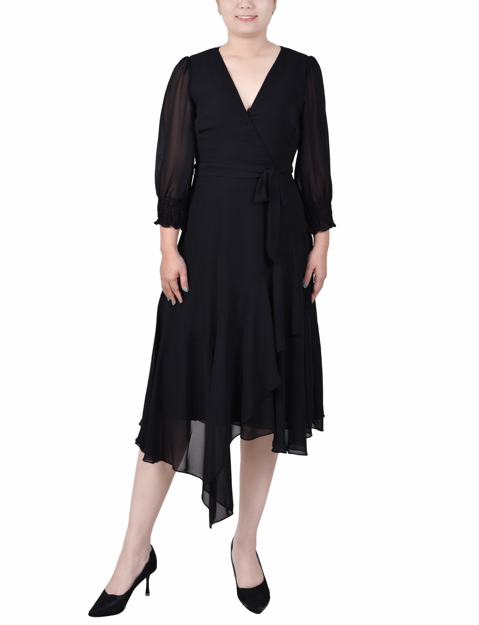 NY Collection 3/4 Sleeve Belted Chiffon Hankerchief Hem Dress - Petite - DressbarnDresses