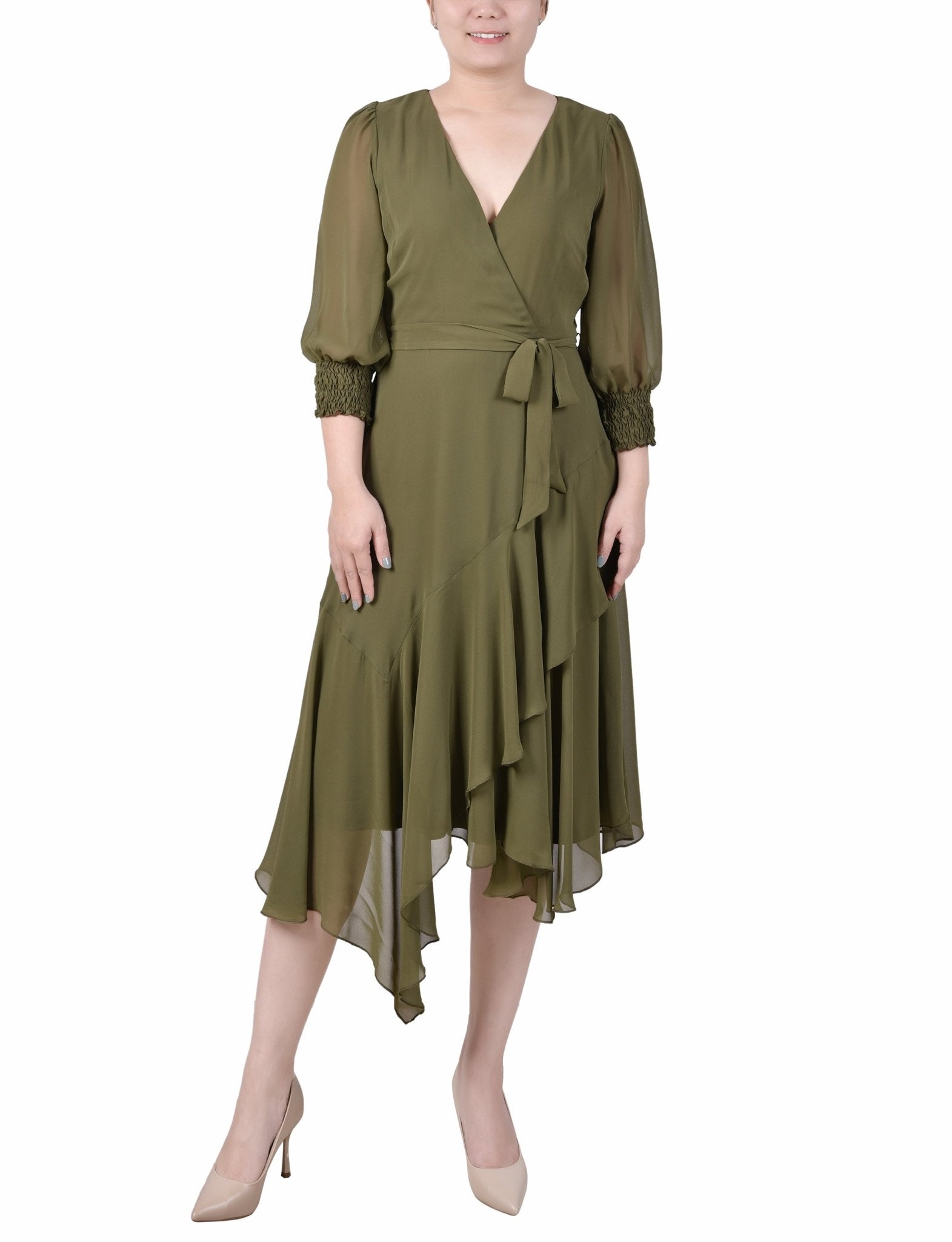 NY Collection 3/4 Sleeve Belted Chiffon Hankerchief Hem Dress - Petite - DressbarnDresses
