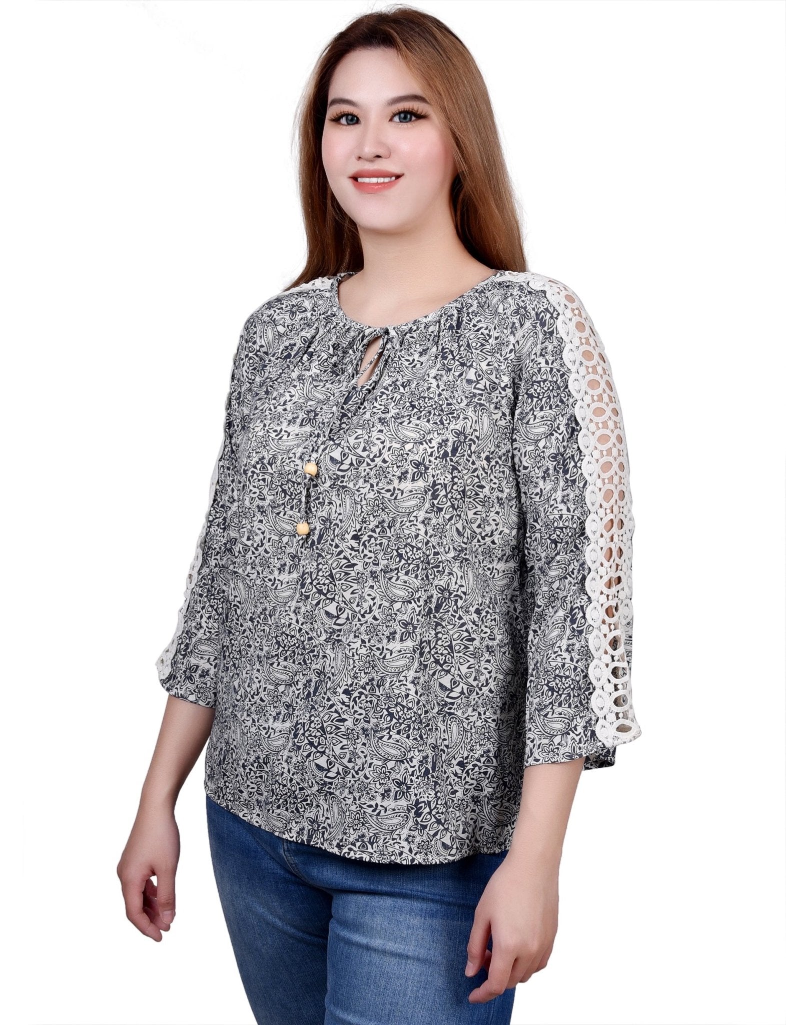 NY Collection 3/4 Sleeve Crochet Detail Blouse - DressbarnShirts & Blouses