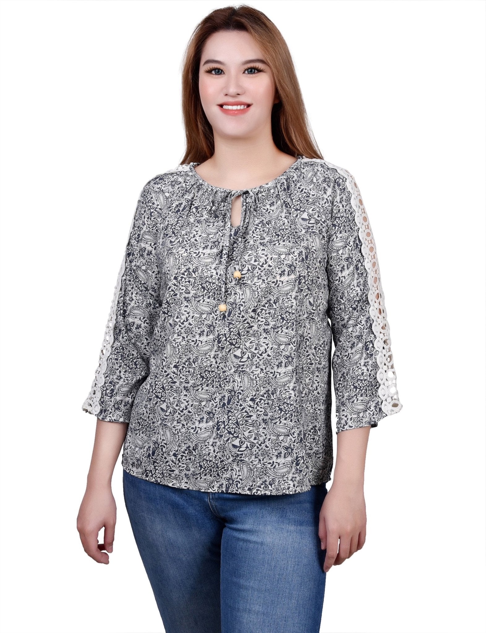 NY Collection 3/4 Sleeve Crochet Detail Blouse - Petite - DressbarnShirts & Blouses