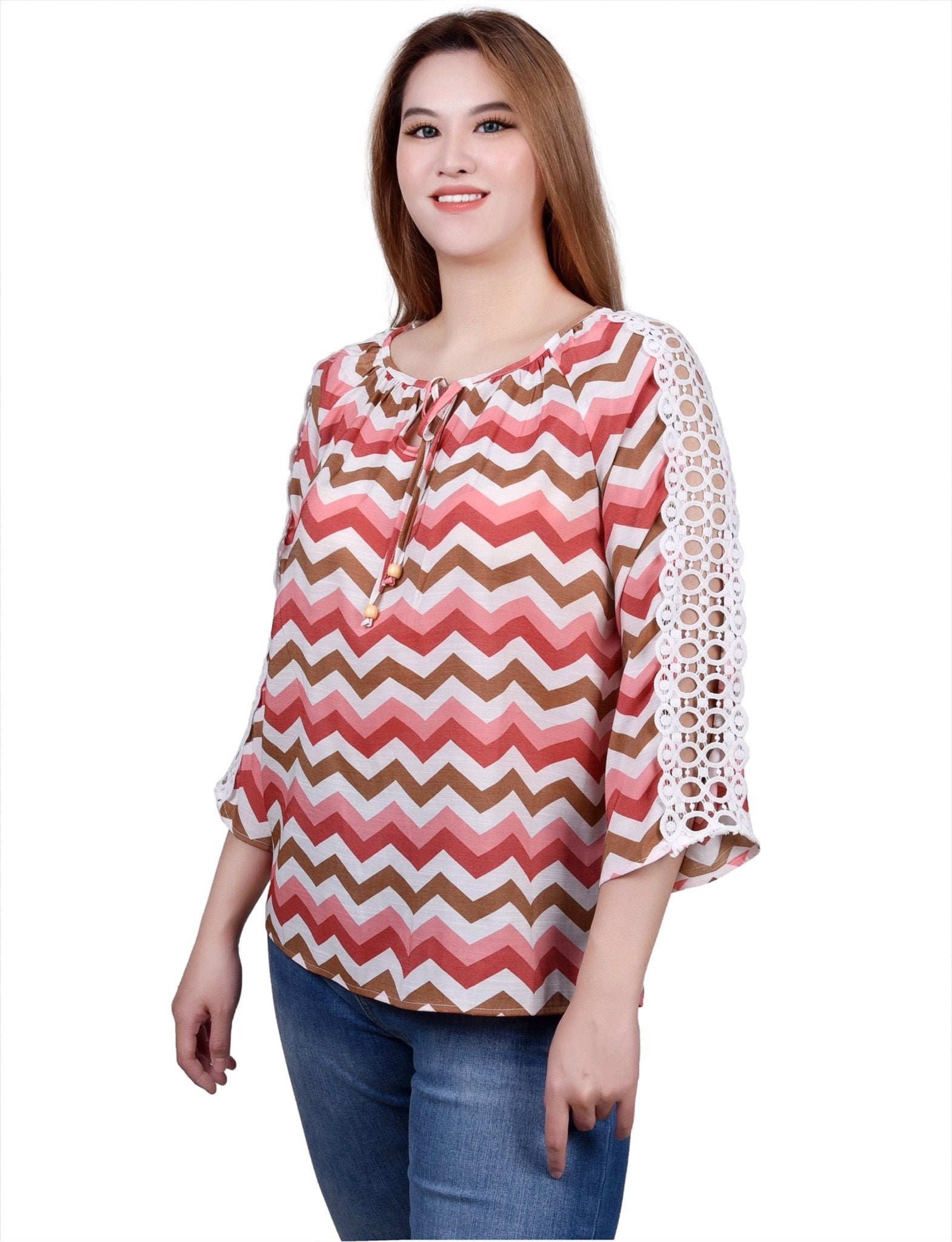 NY Collection 3/4 Sleeve Crochet Detail Blouse - Petite - DressbarnShirts & Blouses