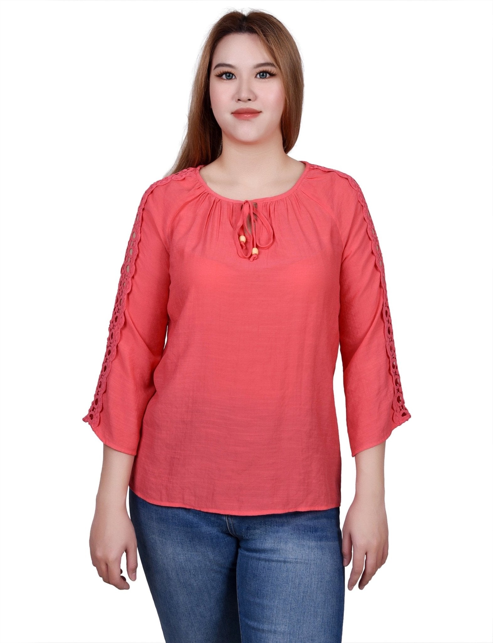 NY Collection 3/4 Sleeve Crochet Detail Blouse - Petite - DressbarnShirts & Blouses