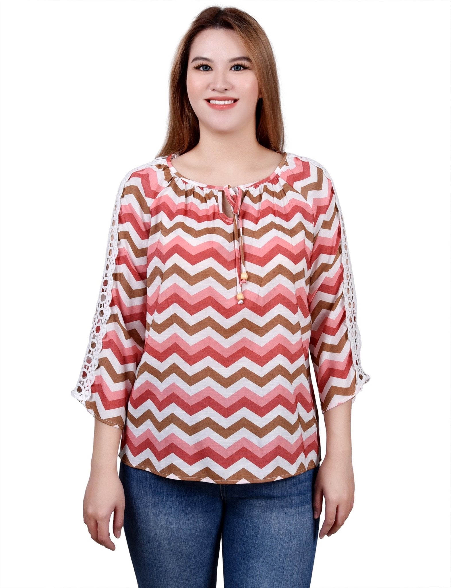NY Collection 3/4 Sleeve Crochet Detail Blouse - Petite - DressbarnShirts & Blouses