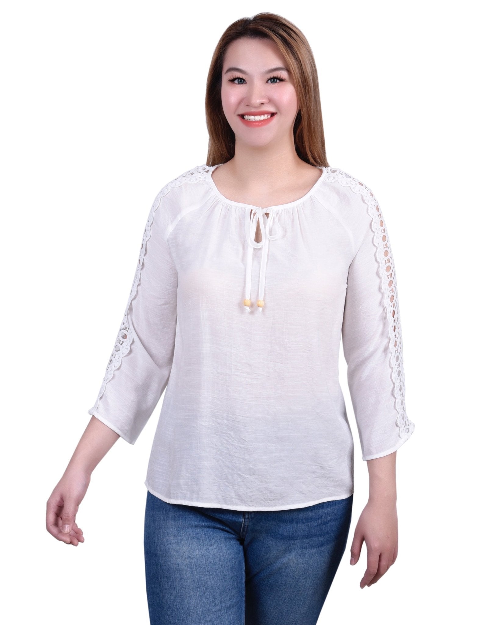 NY Collection 3/4 Sleeve Crochet Detail Blouse - Petite - DressbarnShirts & Blouses