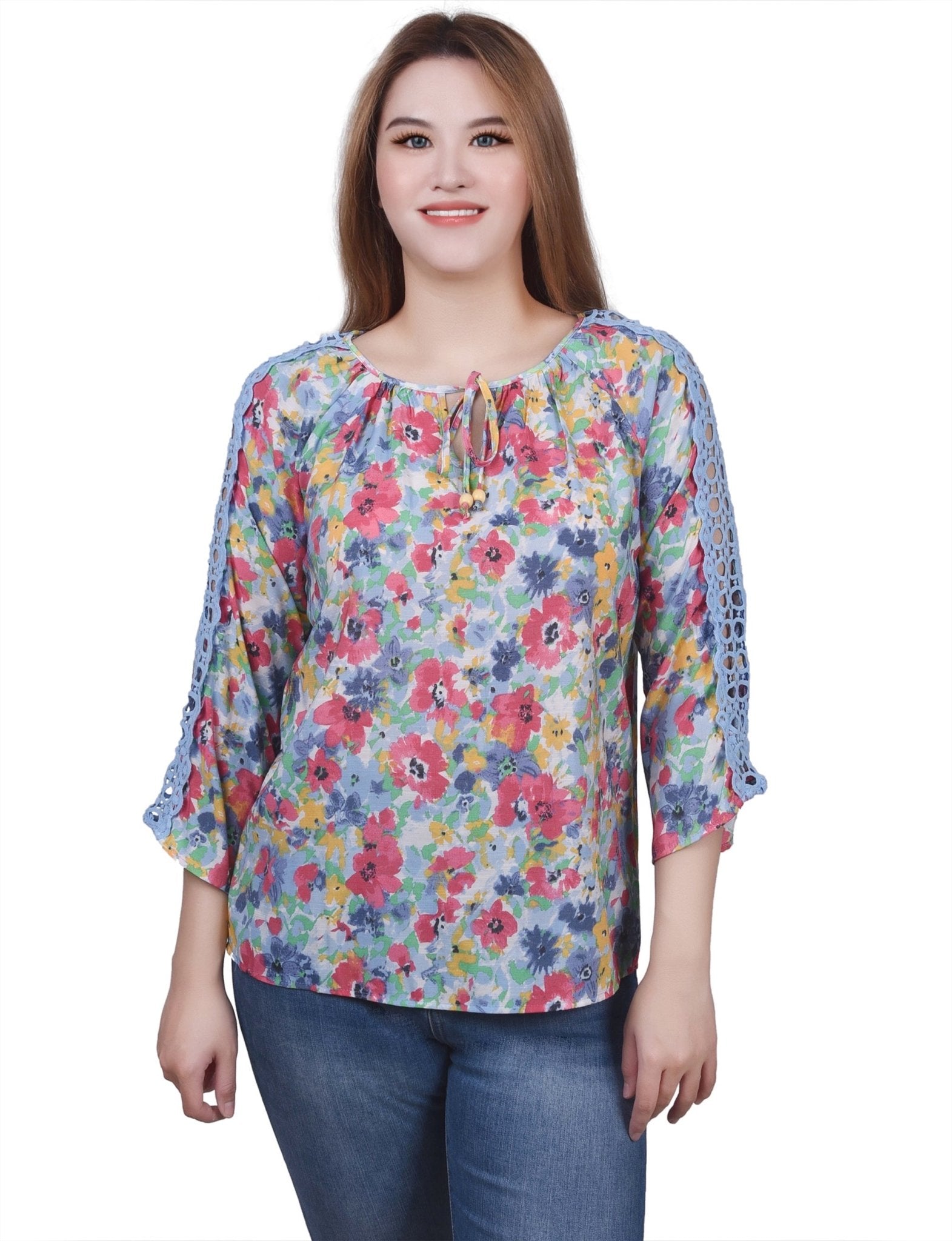 NY Collection 3/4 Sleeve Crochet Detail Blouse - Petite - DressbarnShirts & Blouses