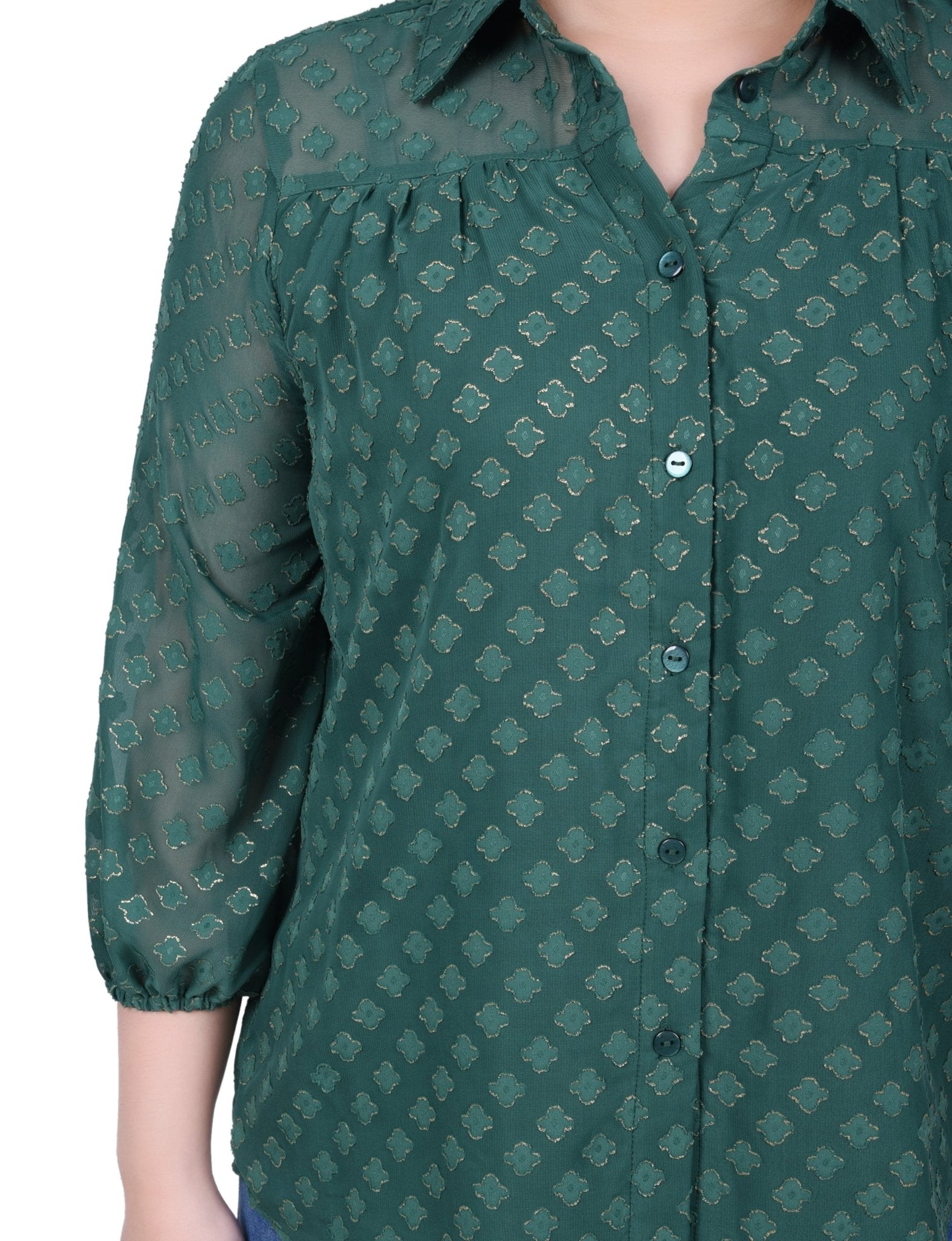 NY Collection 3/4 Sleeve Foiled Jacquard Chiffon Blouse - Petite - DressbarnShirts & Blouses