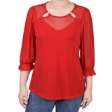 NY Collection 3/4 Sleeve Ringed Top With Mesh - Petite - DressbarnShirts & Blouses