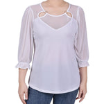 NY Collection 3/4 Sleeve Ringed Top With Mesh - Petite - DressbarnShirts & Blouses