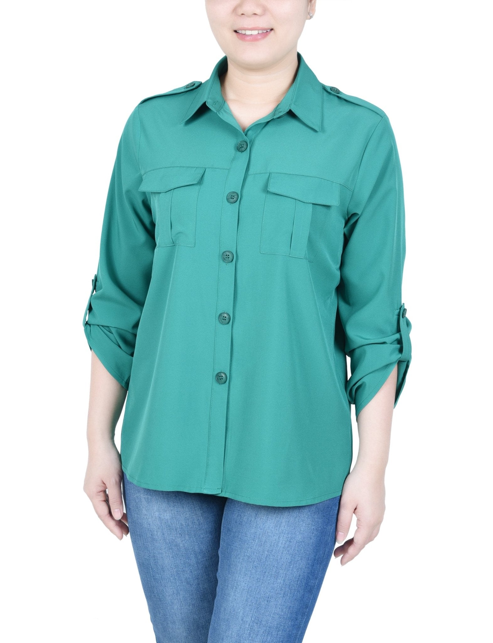 NY Collection 3/4 Sleeve Roll Tab Blouse - Petite - DressbarnShirts & Blouses