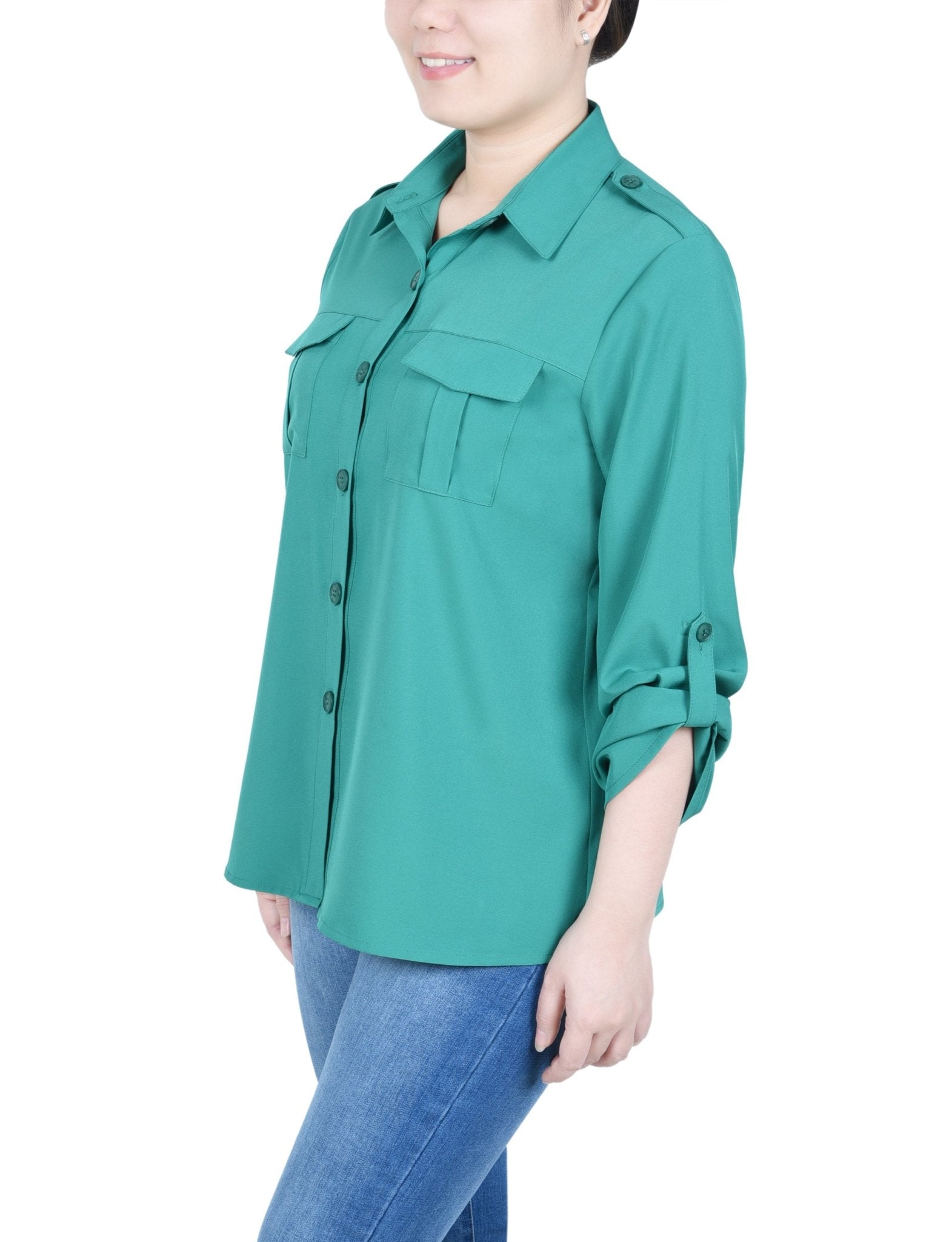 NY Collection 3/4 Sleeve Roll Tab Blouse - Petite - DressbarnShirts & Blouses