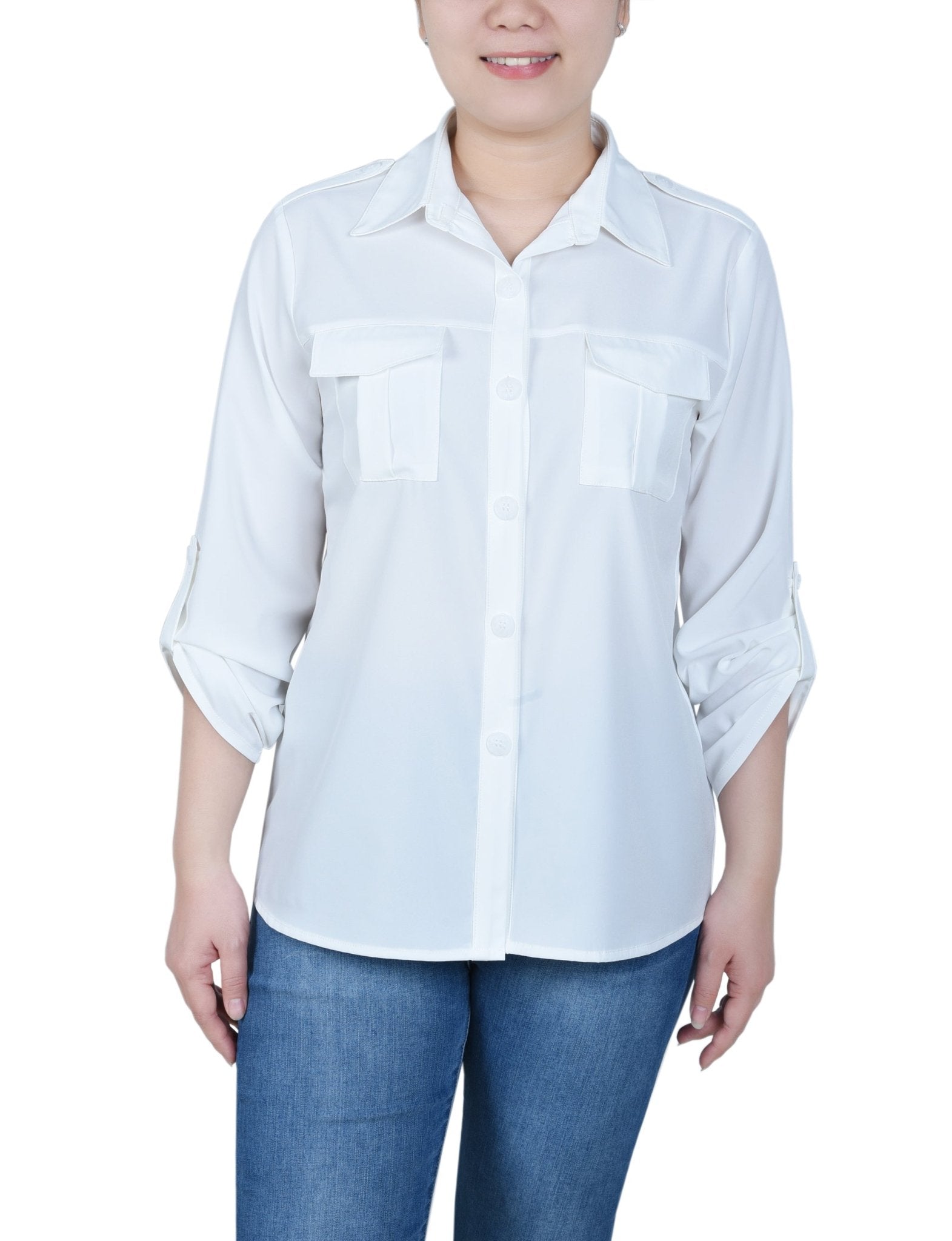 NY Collection 3/4 Sleeve Roll Tab Blouse - Petite - DressbarnShirts & Blouses