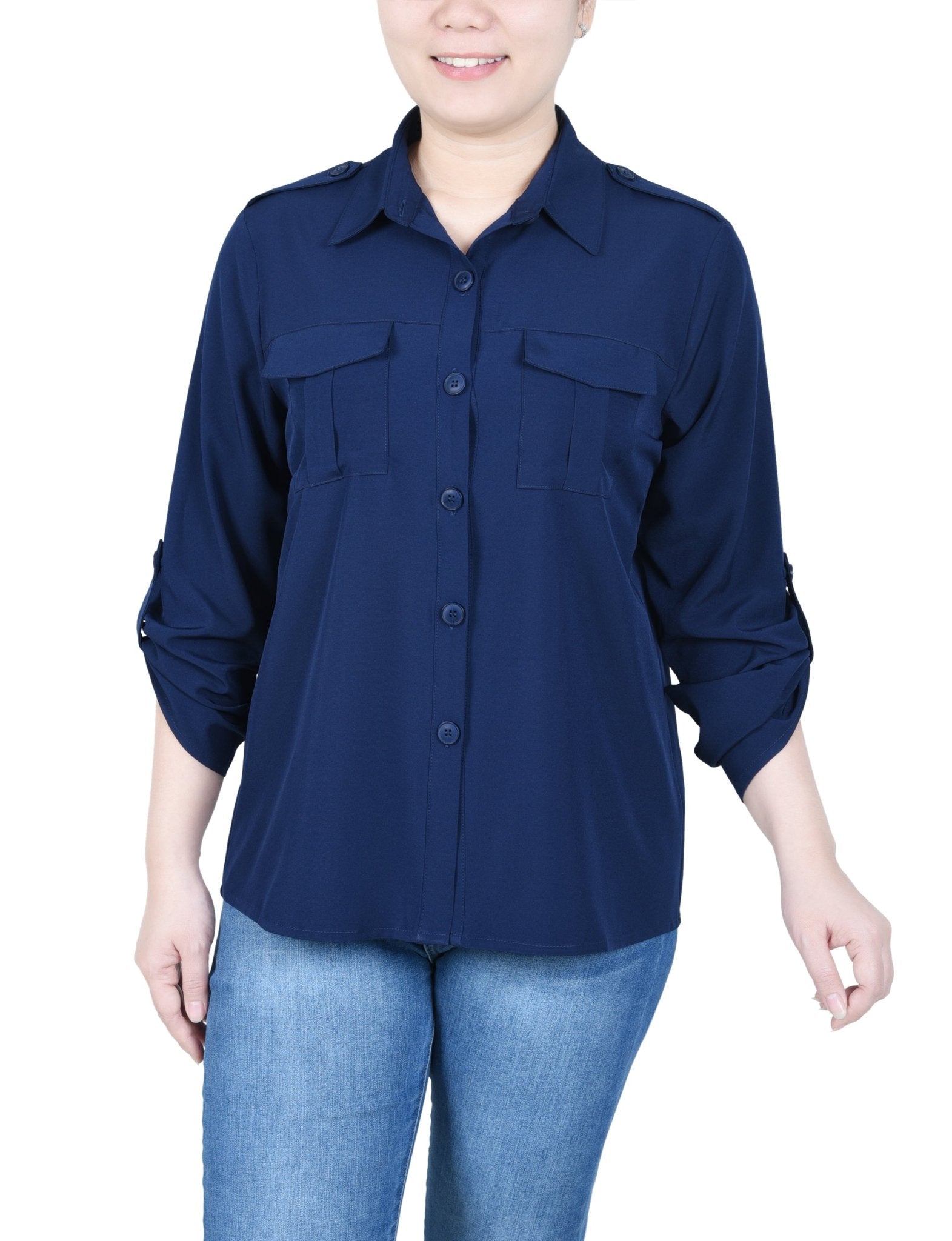 NY Collection 3/4 Sleeve Roll Tab Blouse - Petite - DressbarnShirts & Blouses