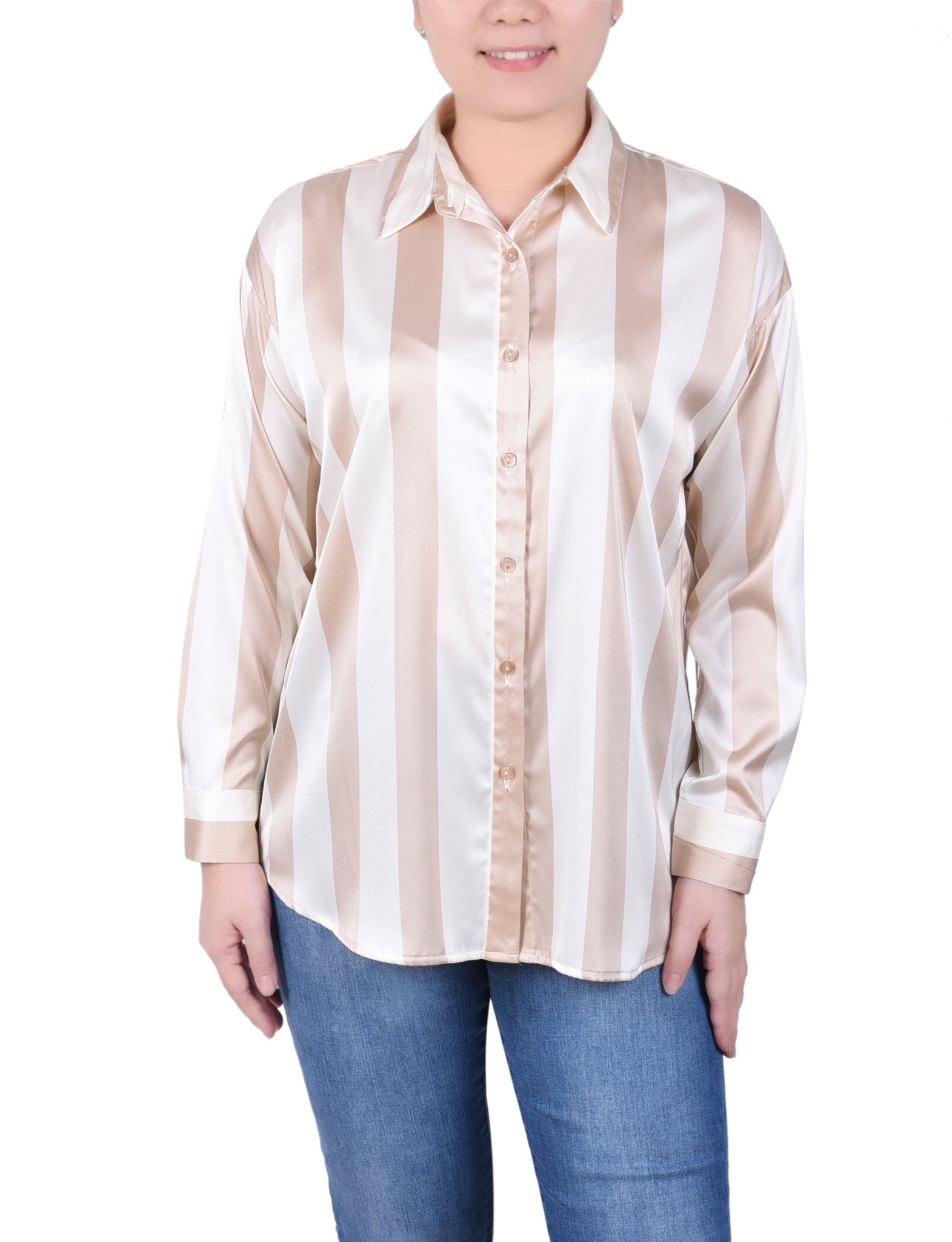 NY Collection 3/4 Sleeve Roll Tab Satin Blouse - Petite - DressbarnShirts & Blouses