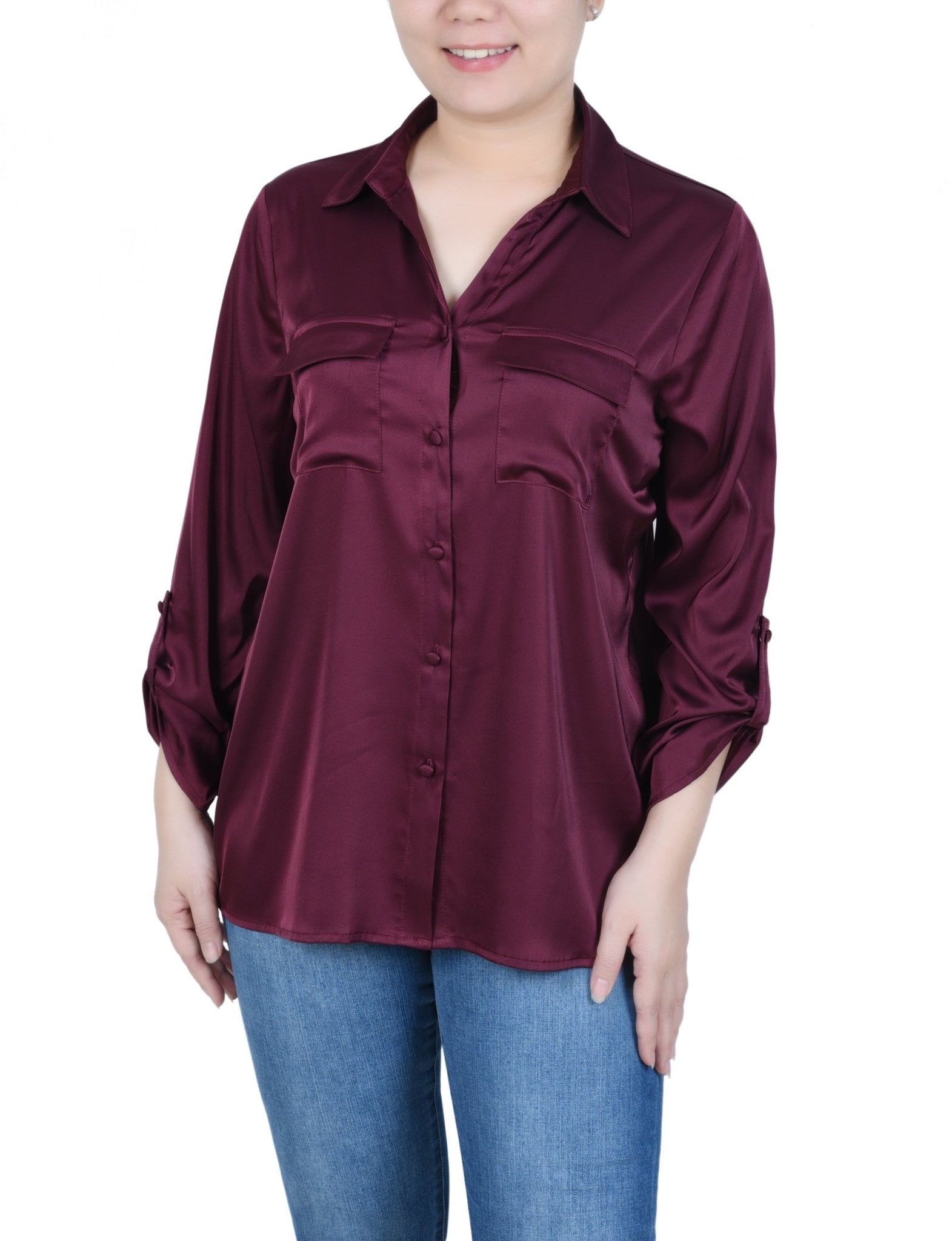 NY Collection 3/4 Sleeve Roll Tab Satin Blouse - Petite - DressbarnShirts & Blouses