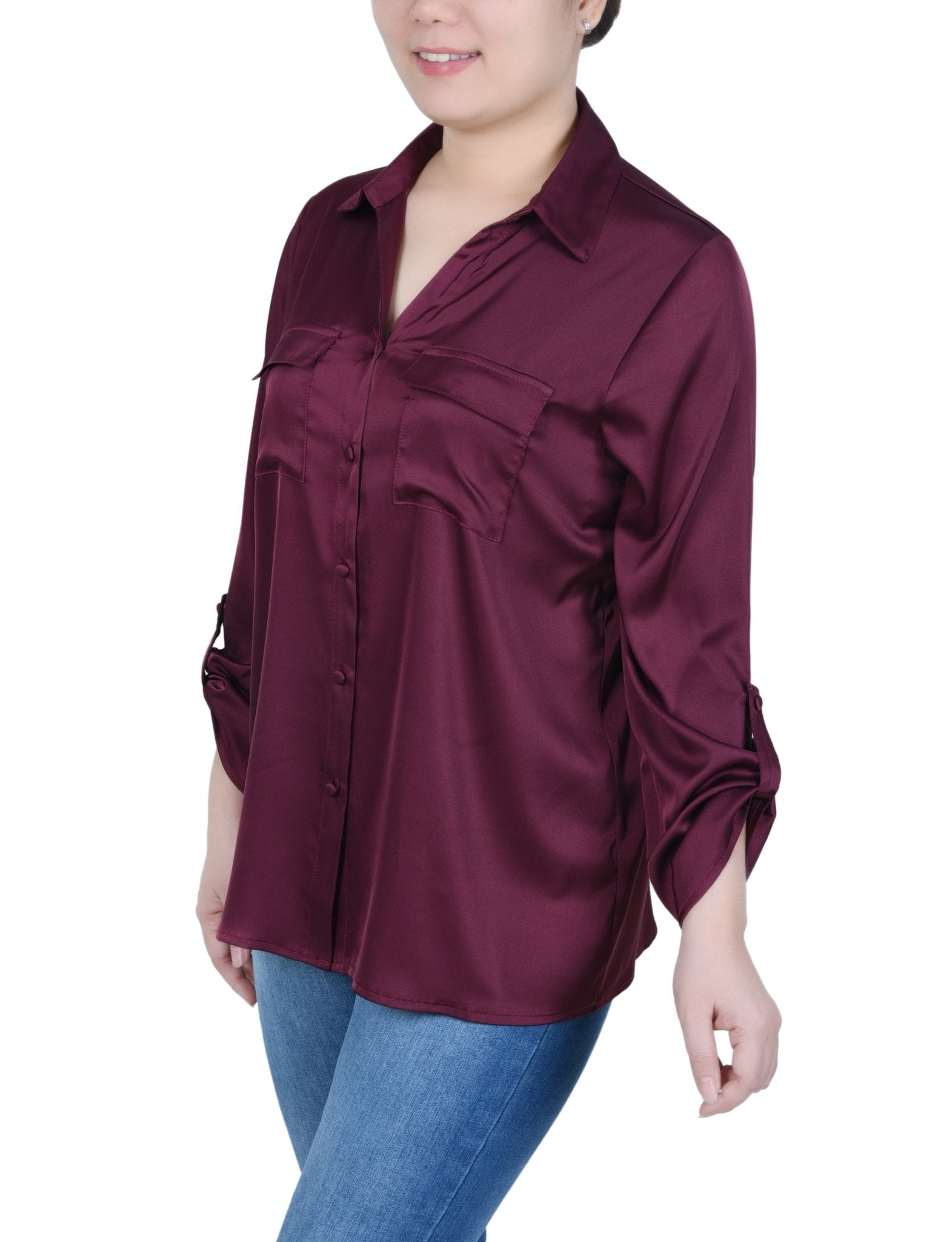 NY Collection 3/4 Sleeve Roll Tab Satin Blouse - Petite - DressbarnShirts & Blouses