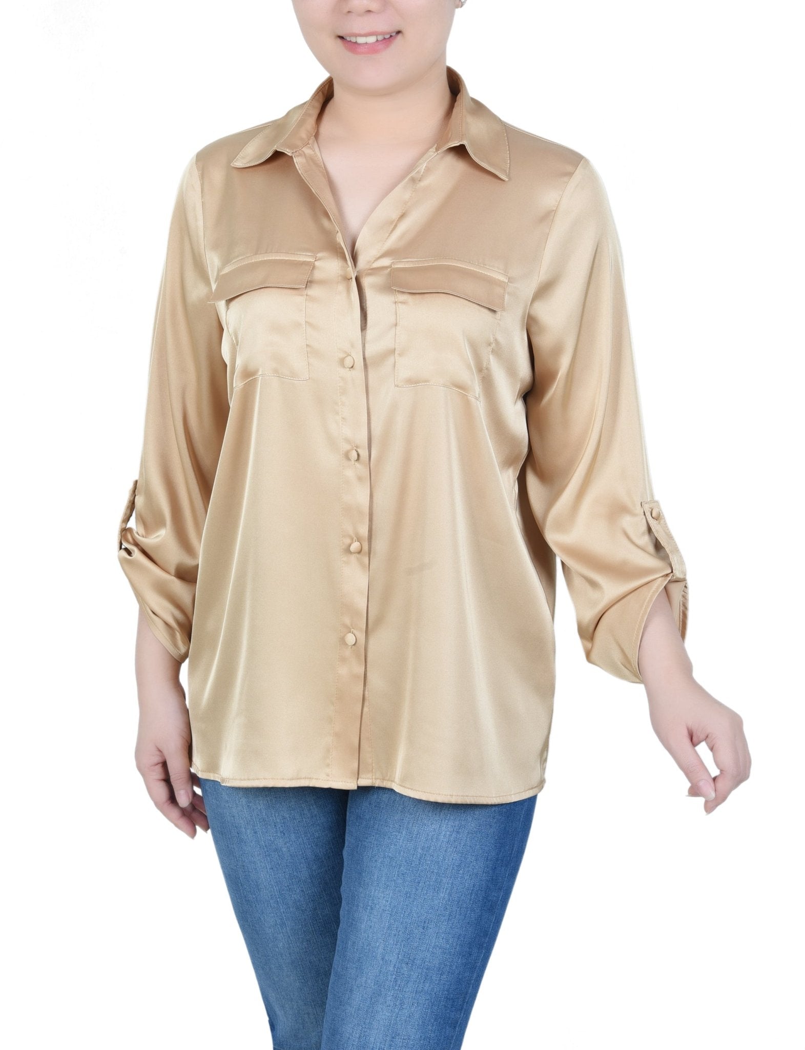NY Collection 3/4 Sleeve Roll Tab Satin Blouse - Petite - DressbarnShirts & Blouses