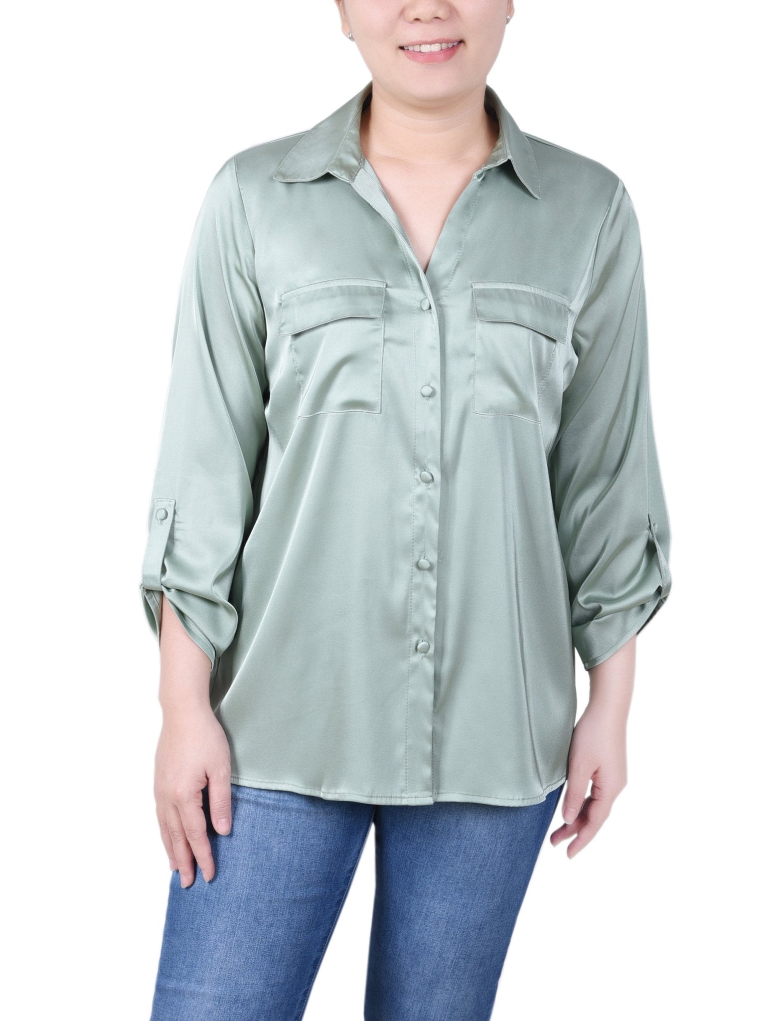 NY Collection 3/4 Sleeve Roll Tab Satin Blouse - Petite - DressbarnShirts & Blouses
