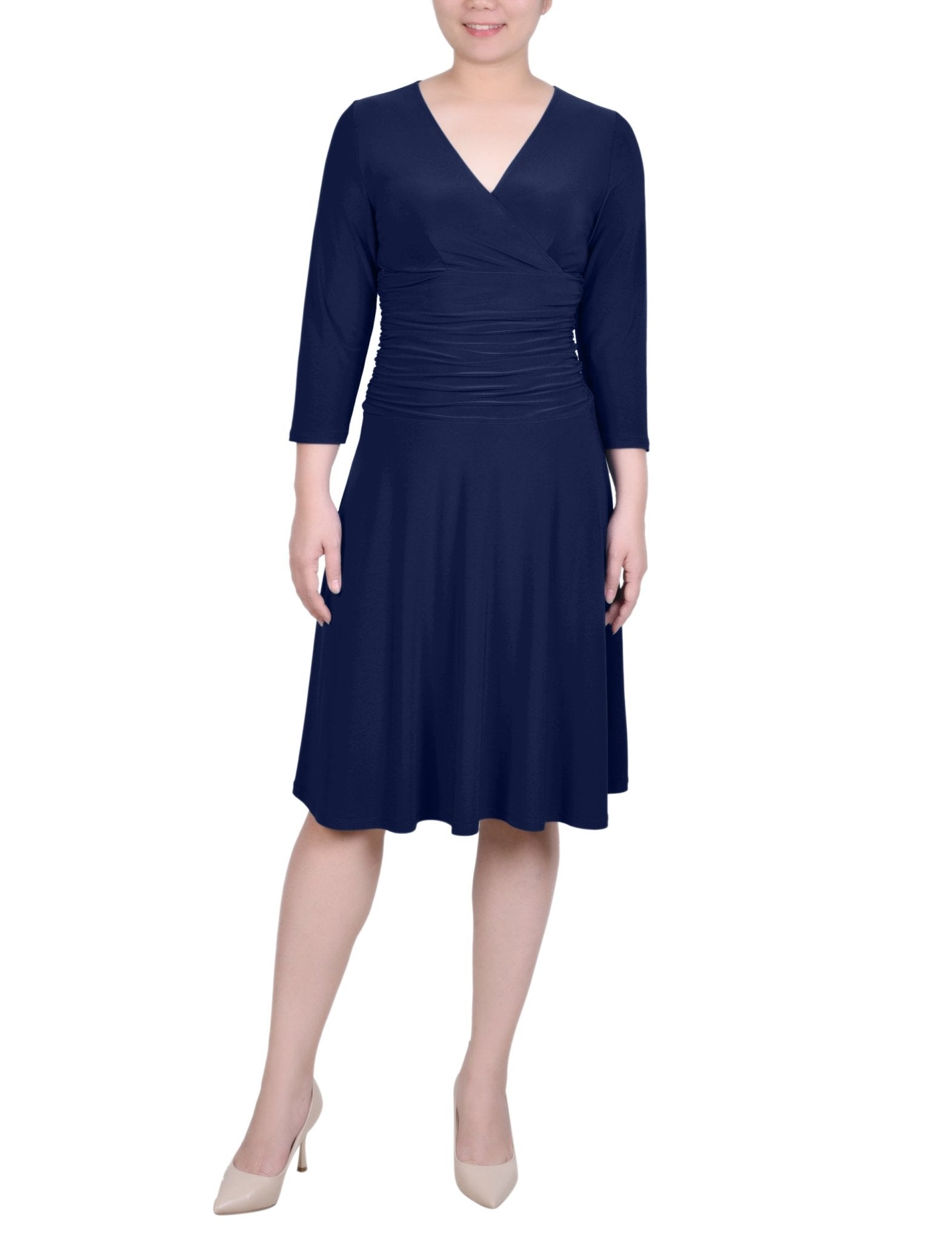 NY Collection 3/4 Sleeve Rouched-Waist Dress - Petite - DressbarnDresses