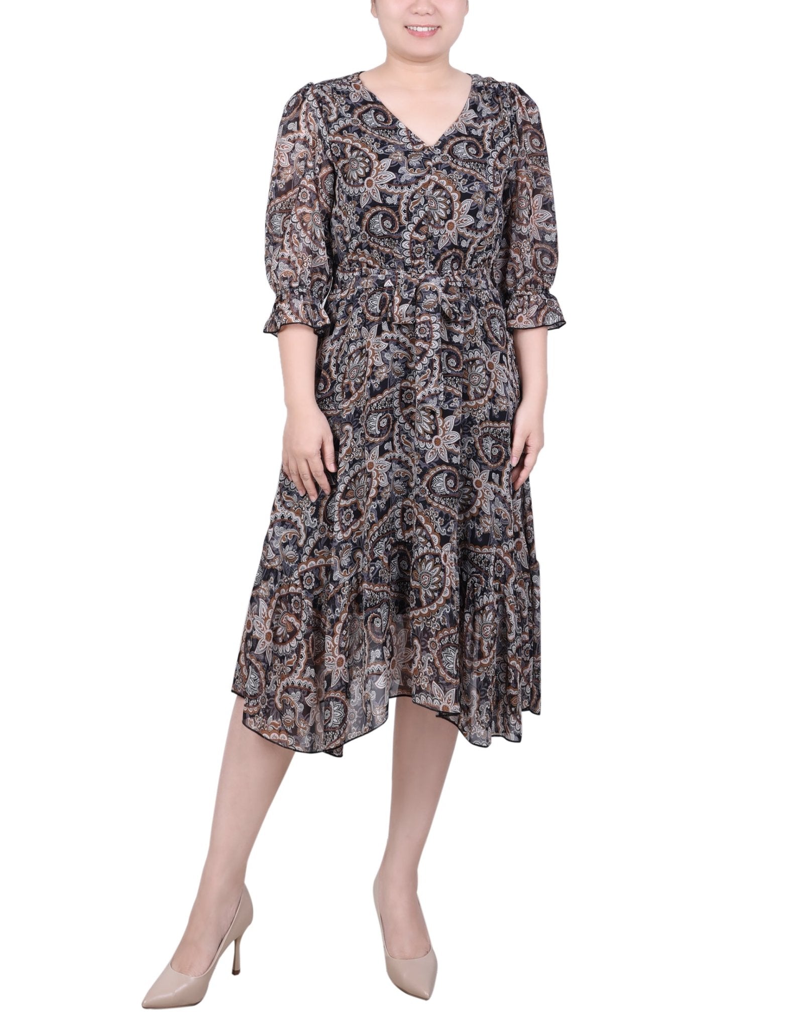 NY Collection 3/4 Sleeve V-Neck Flounced Dress - Petite - DressbarnDresses