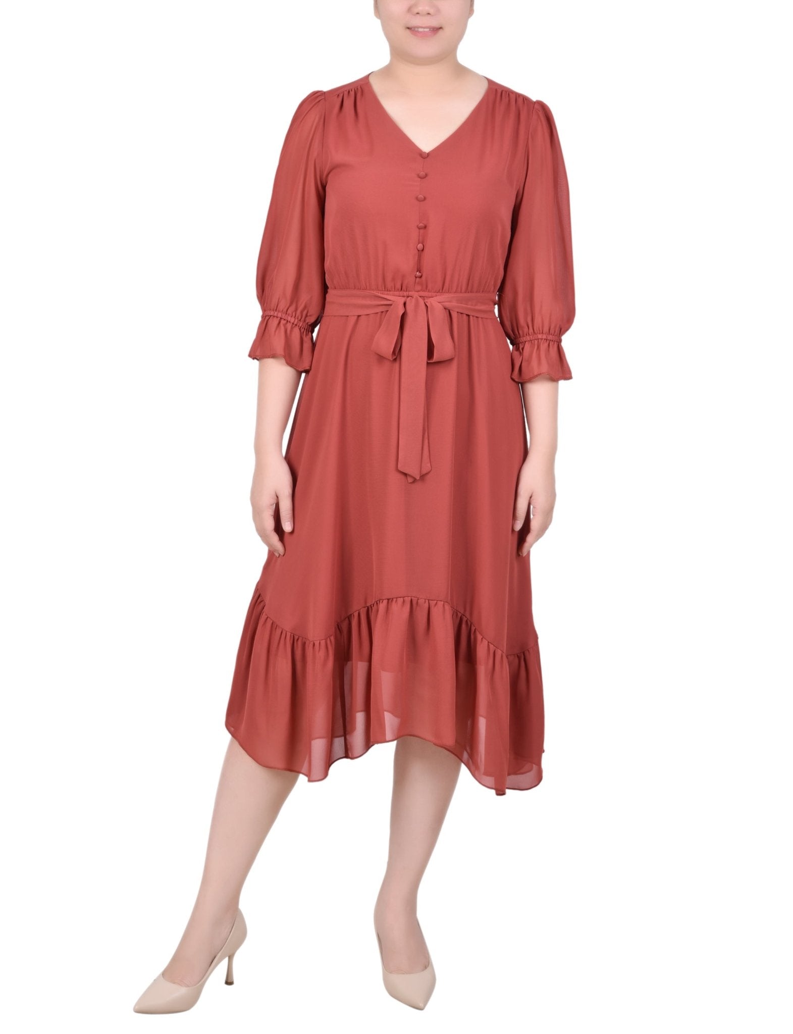 NY Collection 3/4 Sleeve V-Neck Flounced Dress - Petite - DressbarnDresses