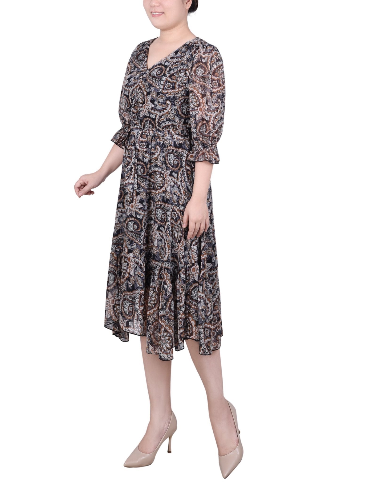 NY Collection 3/4 Sleeve V-Neck Flounced Dress - Petite - DressbarnDresses