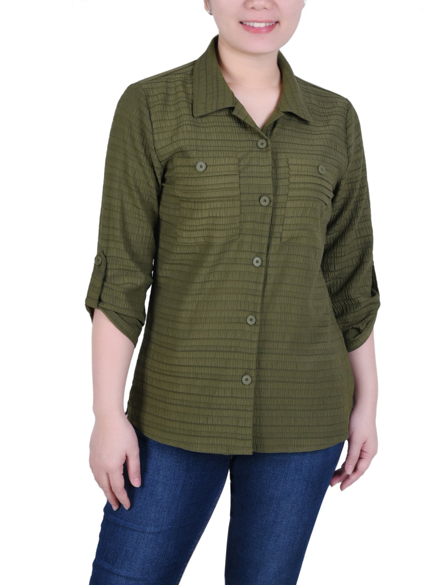 NY Collection 3/4 Sleeve Woven Jacquard Blouse - Petite - DressbarnShirts & Blouses