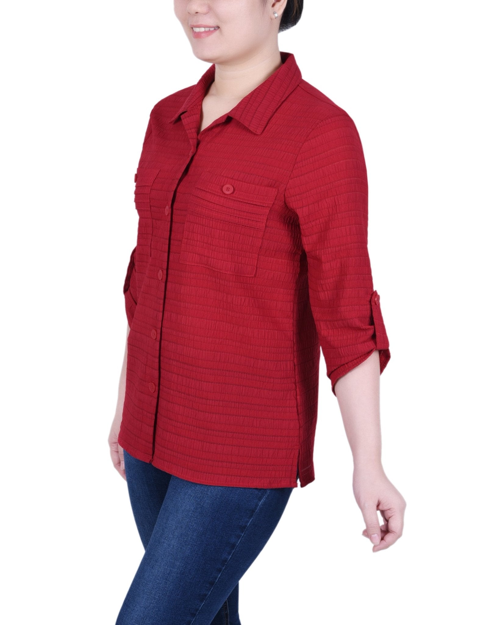 NY Collection 3/4 Sleeve Woven Jacquard Blouse - Petite - DressbarnShirts & Blouses