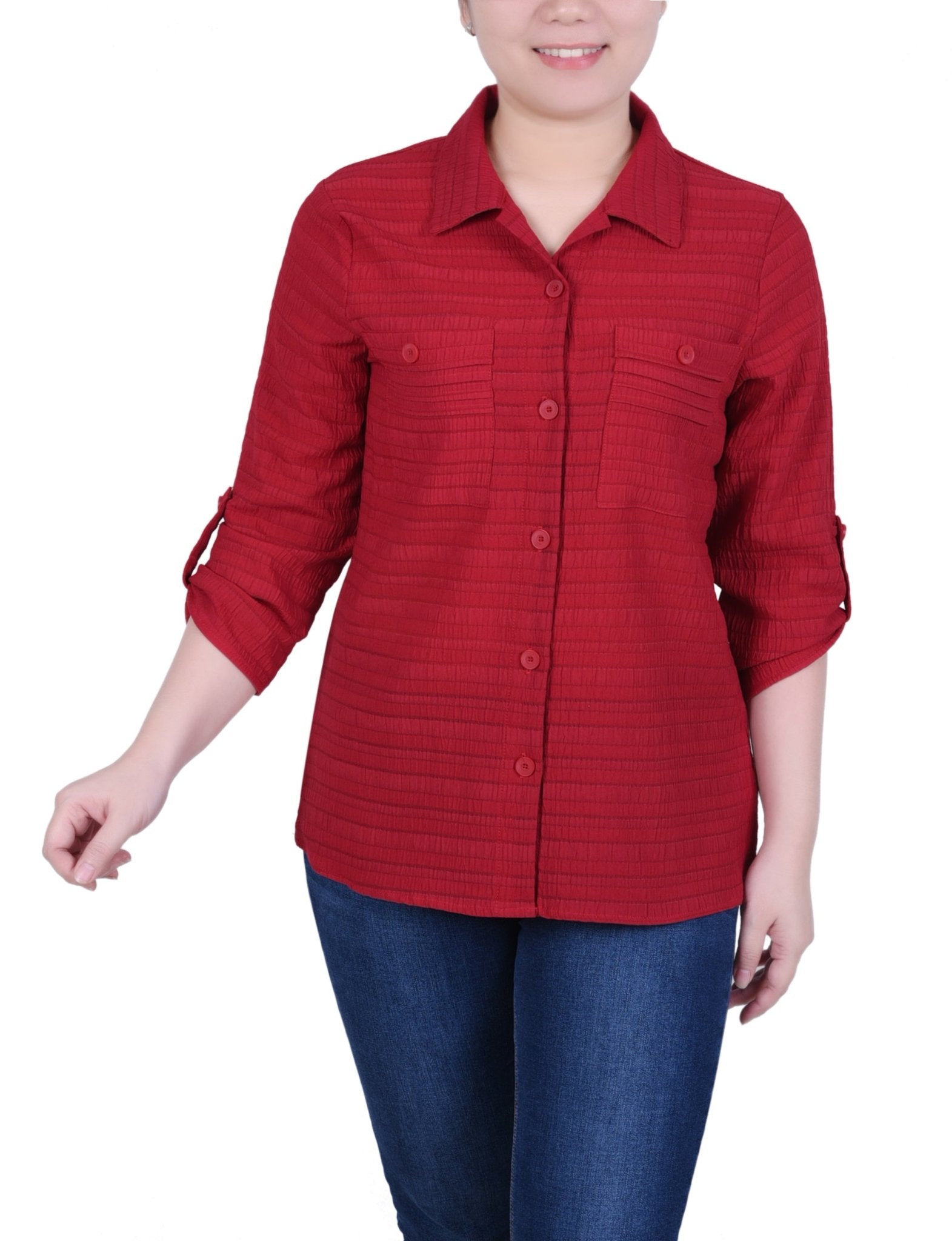 NY Collection 3/4 Sleeve Woven Jacquard Blouse - Petite - DressbarnShirts & Blouses