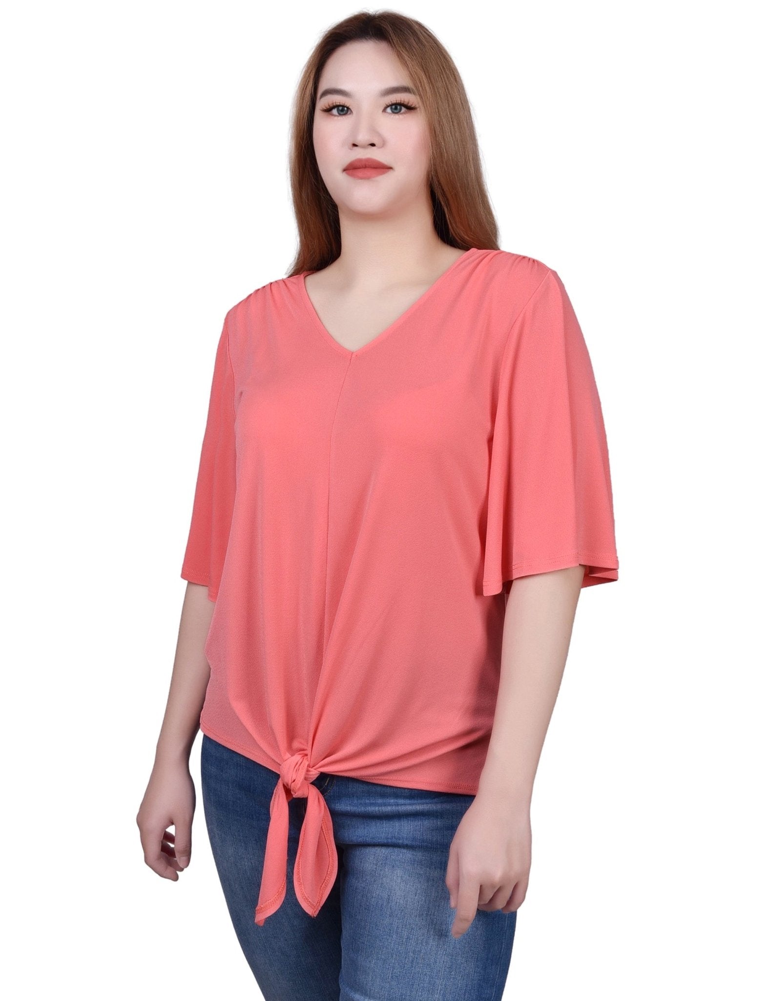 NY Collection Elbow Sleeve Tie-Front Top - DressbarnShirts & Blouses