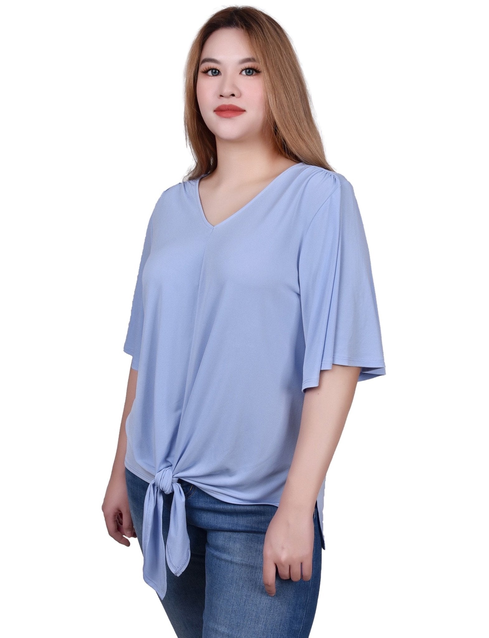 NY Collection Elbow Sleeve Tie-Front Top - DressbarnShirts & Blouses