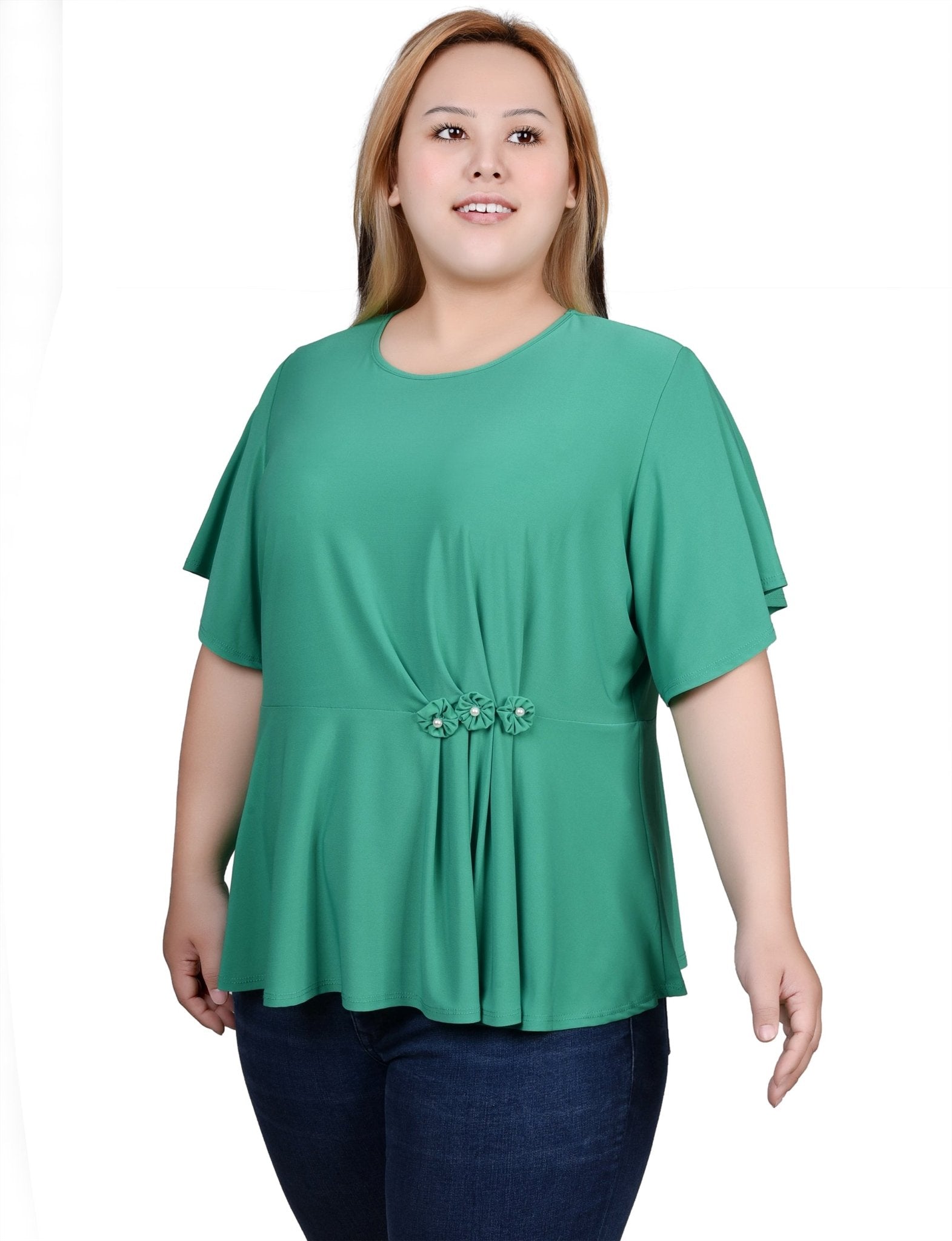 NY Collection Flutter Sleeve Flower-Detail Top - Plus - DressbarnShirts & Blouses