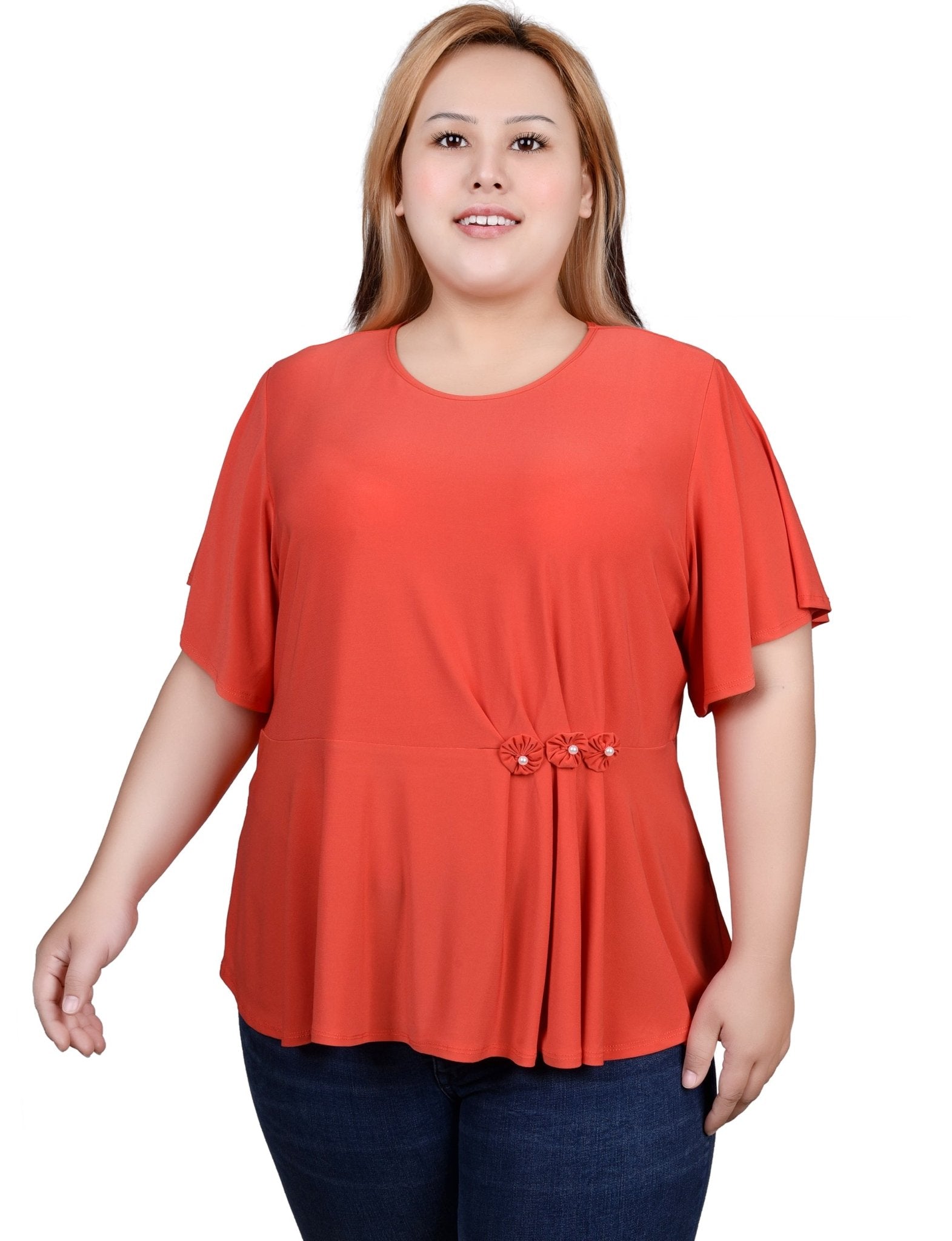 NY Collection Flutter Sleeve Flower-Detail Top - Plus - DressbarnShirts & Blouses
